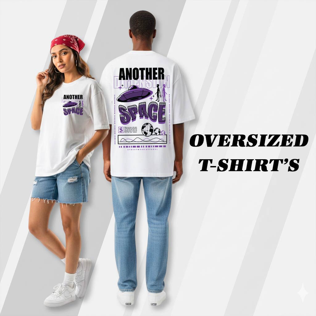 Model wearing WYO oversized t-shirts with a space-themed design on a white background.