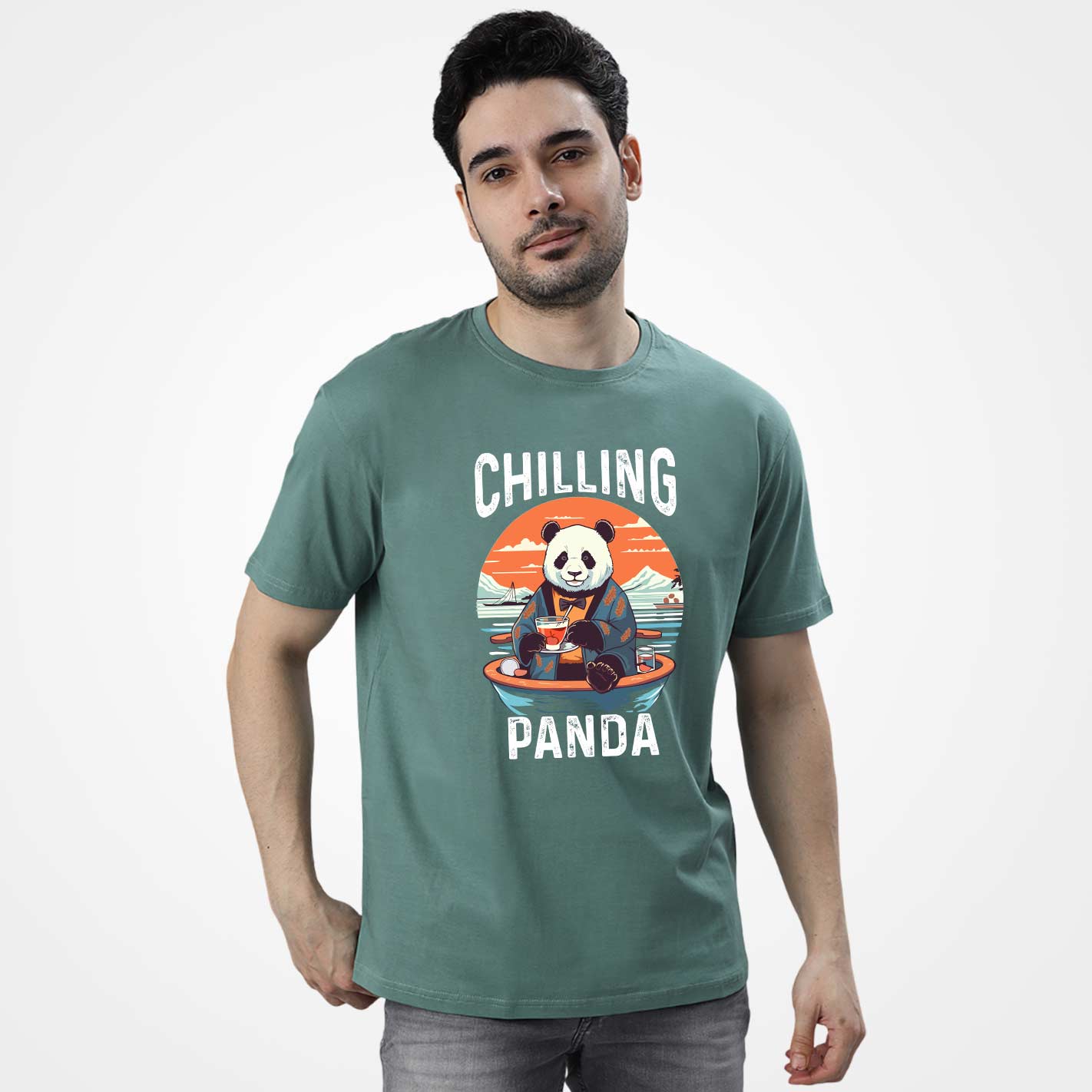 Man wearing a WYO mint t-shirt with a panda graphic and text on a white background