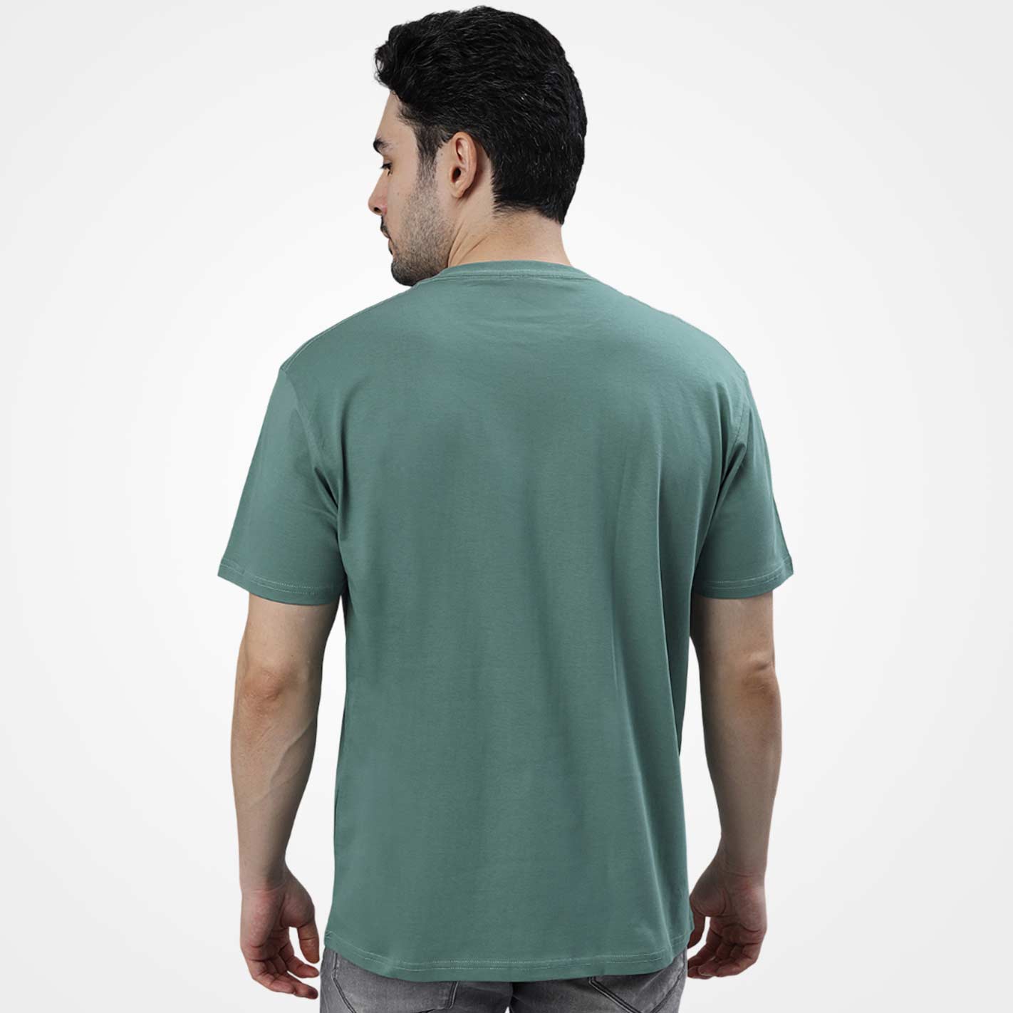 Back view of a Man wearing a WYO mint t-shirt on a white background