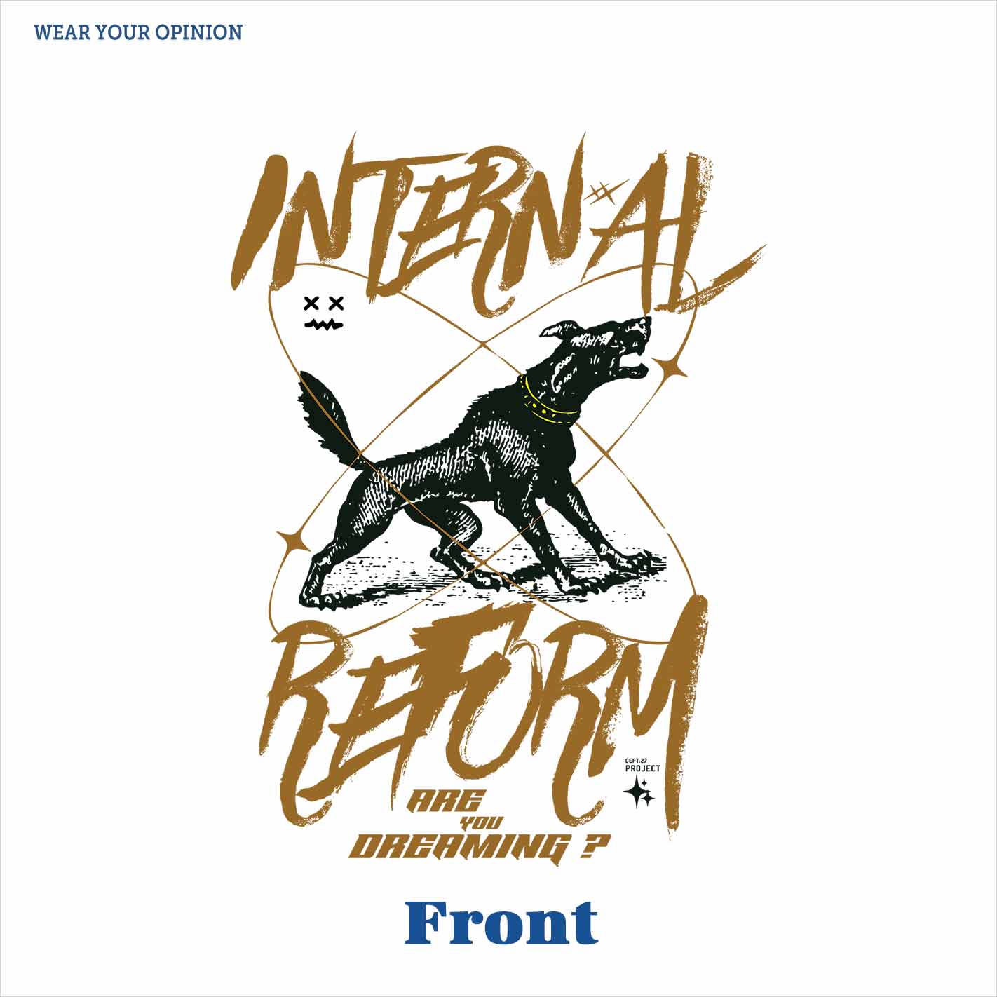 Album cover with a dog illustration and text 'Internal Reform' on a white background by WYO