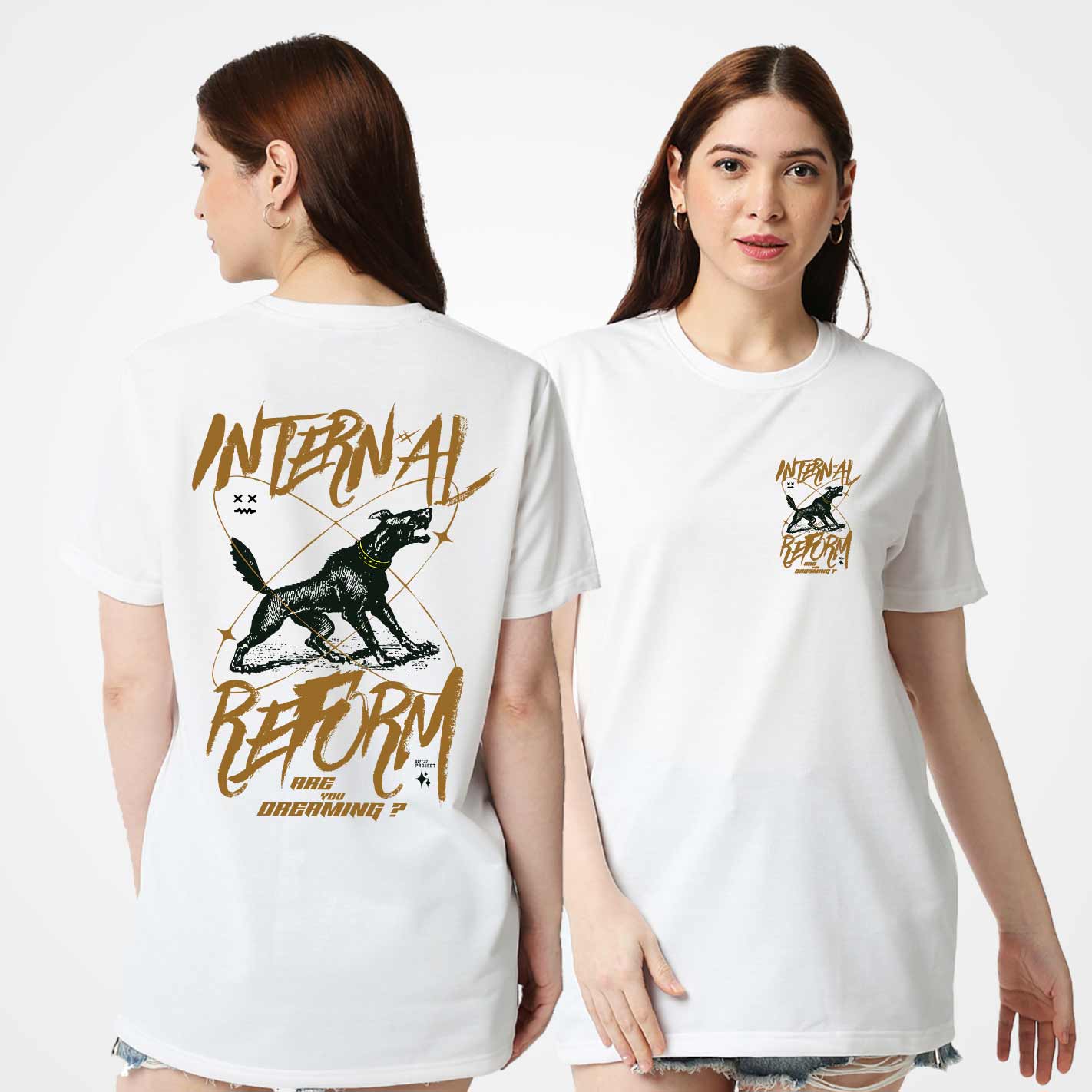 WYO White t-shirt with graphic design and text worn by a model on a white background