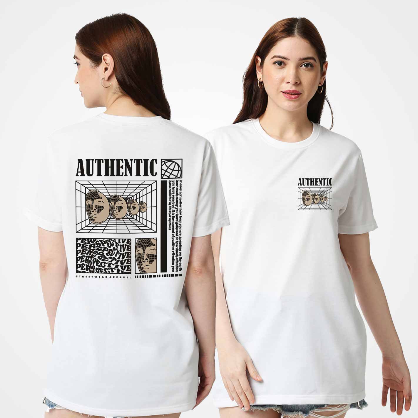 WYO White t-shirt with graphic design on front and back worn by a model