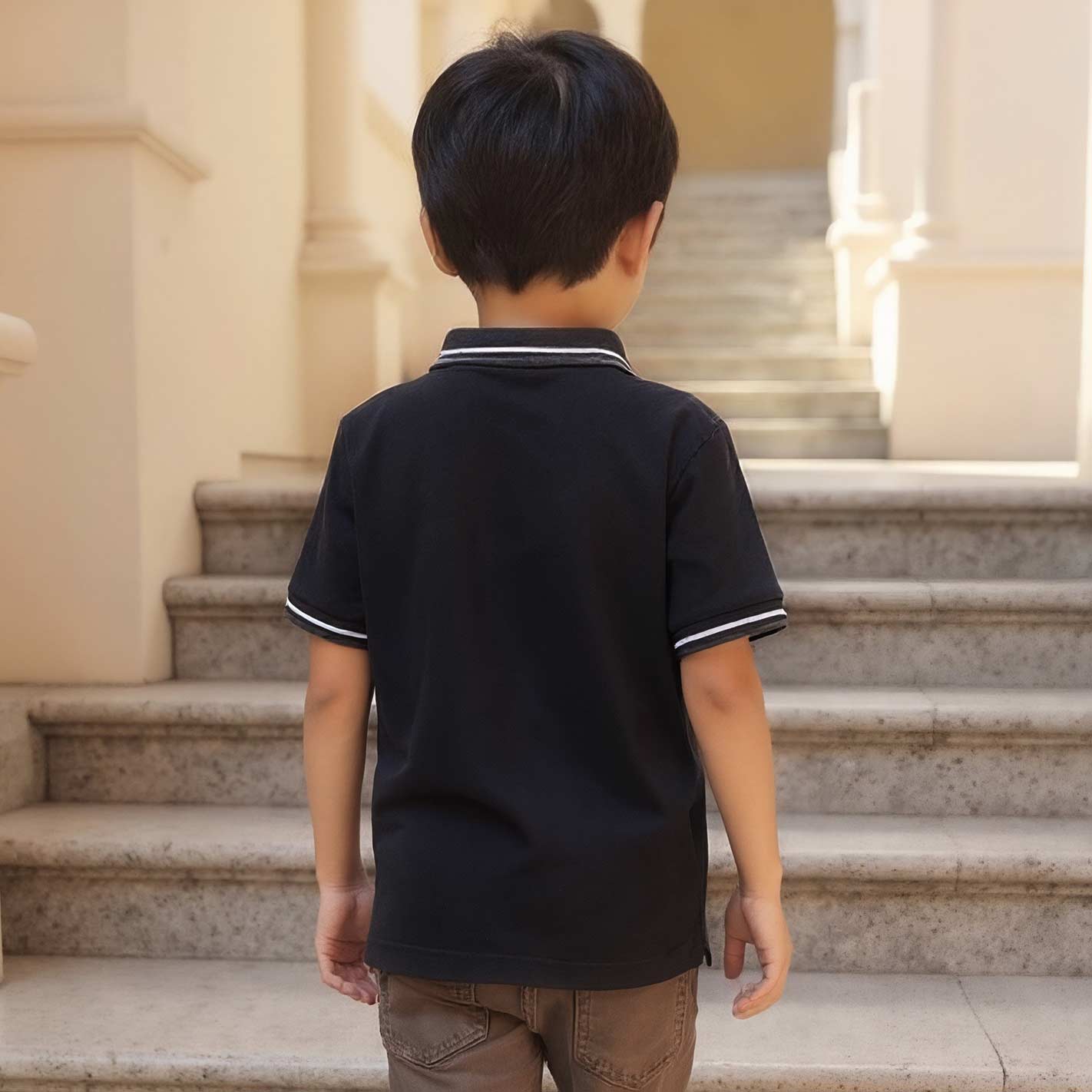 Back view of a Kid wearing a WYO black polo shirt standing on stone steps with classical architecture in the background