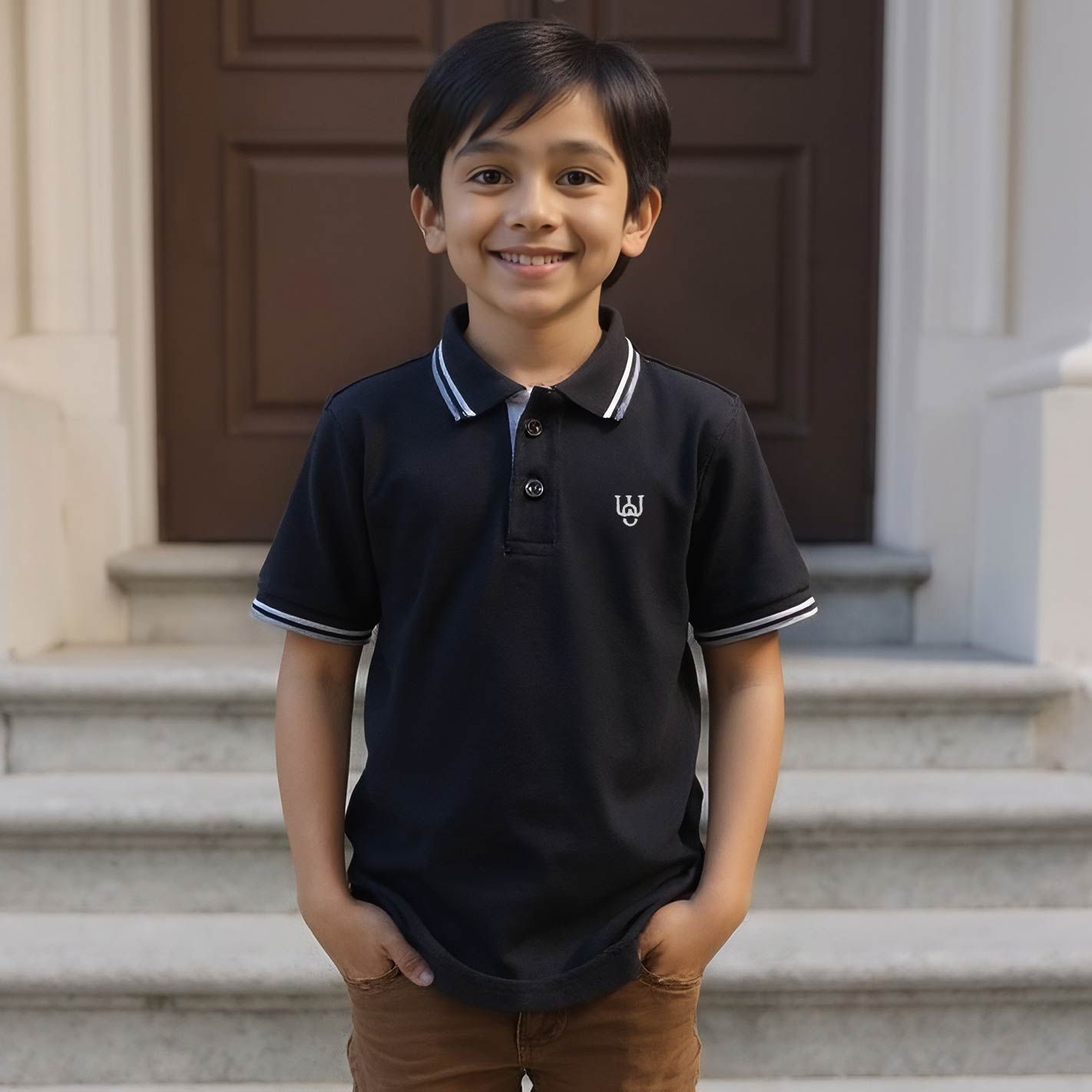 Kid wearing a WYO black polo shirt with a logo, standing on steps in front of a building.
