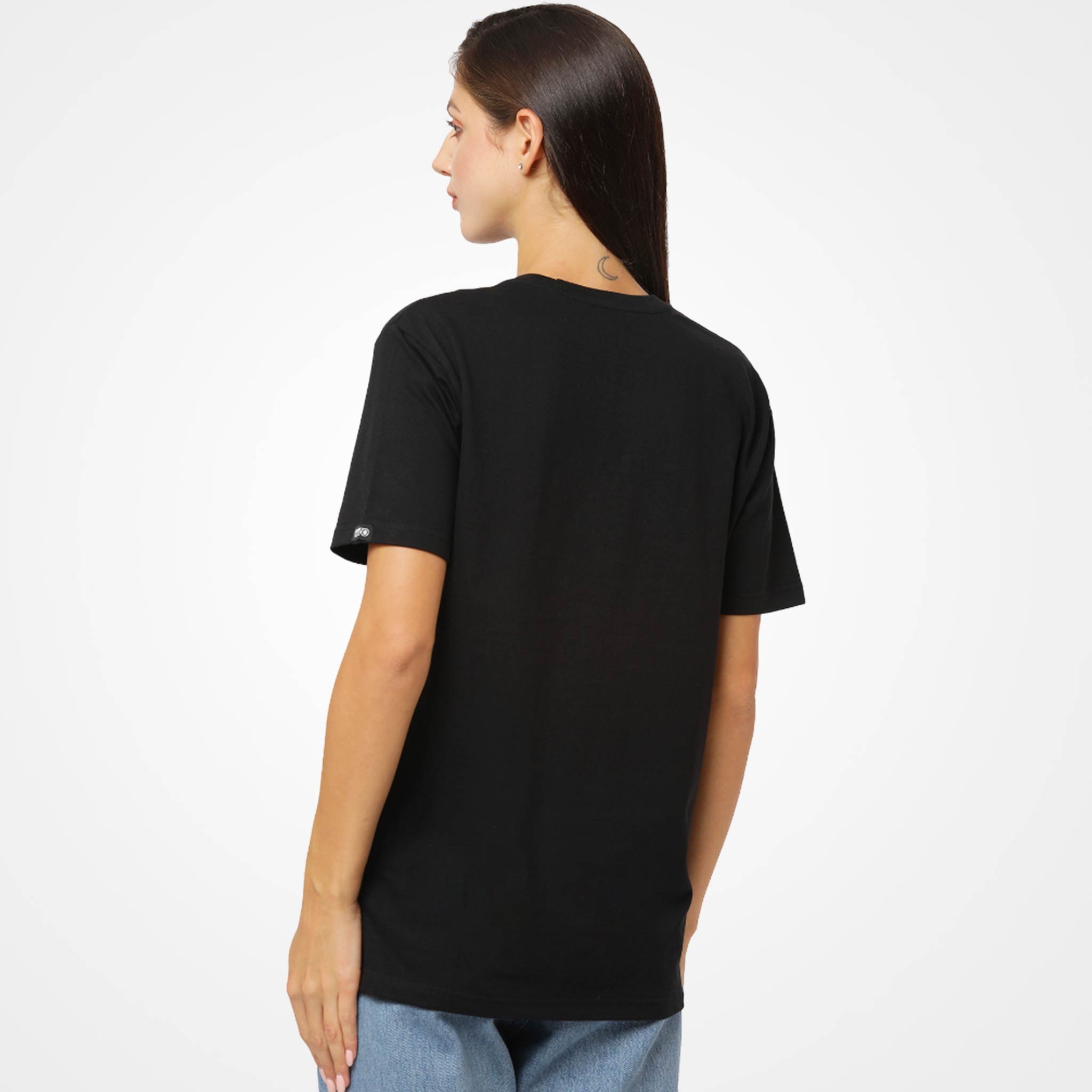 Model wearing a WYO black t-shirt on a white background