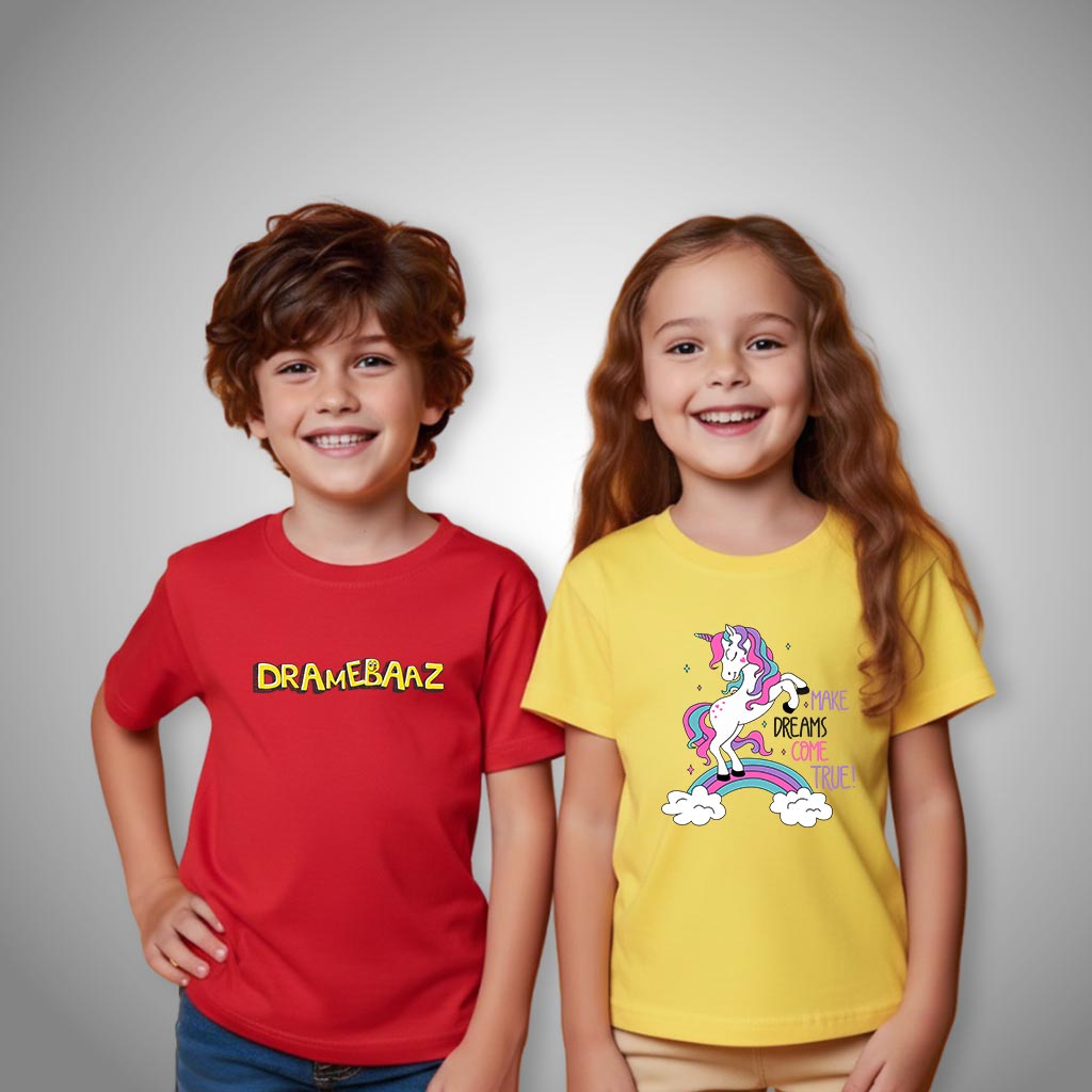 Two Kid wearing WYO red and yellow t-shirts with visible branding on a gray background