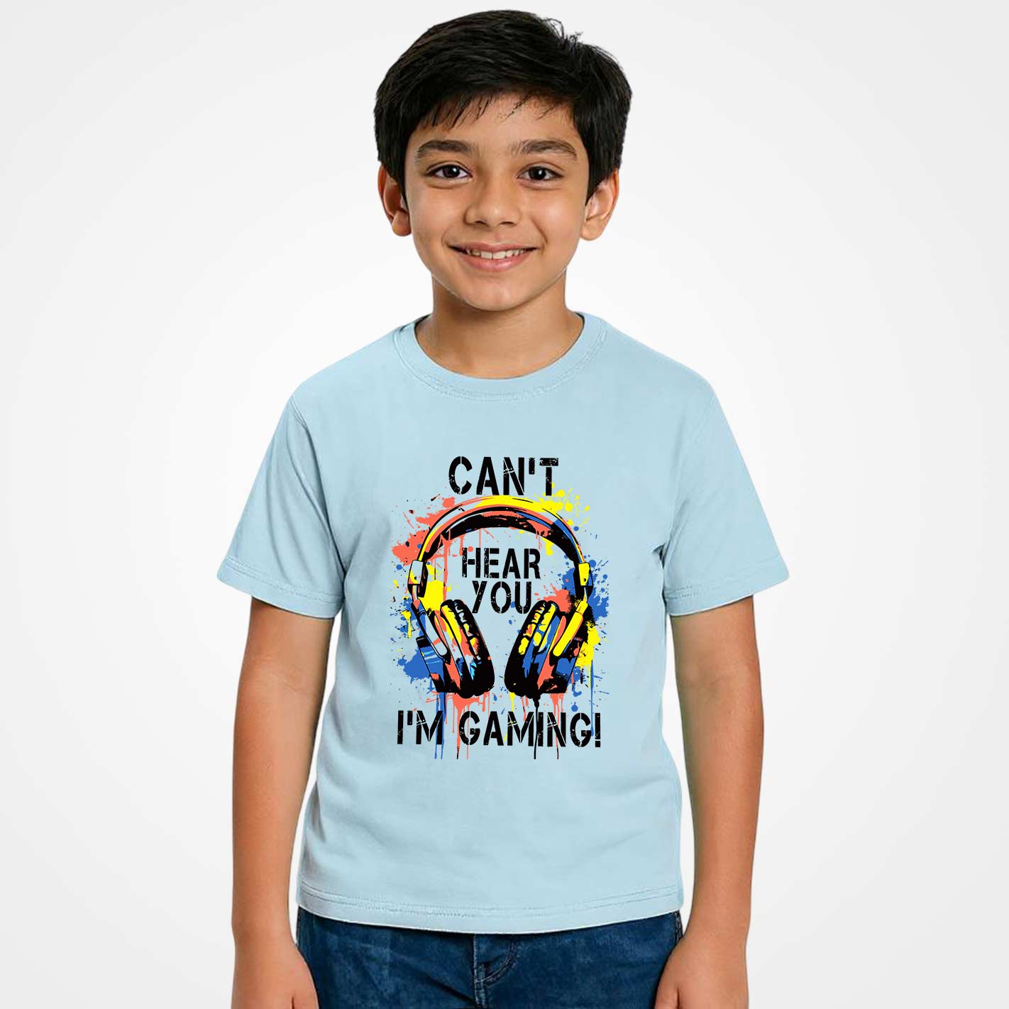 WYO Kid wearing a light blue t-shirt with a colorful graphic and text on a white background