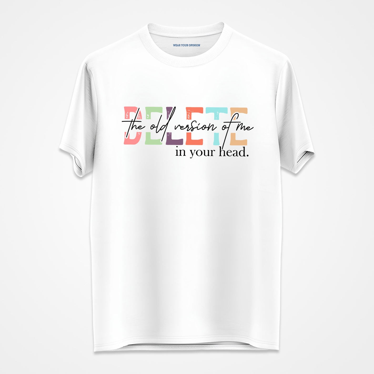 White t-shirt by WYO with colorful text design on a white background