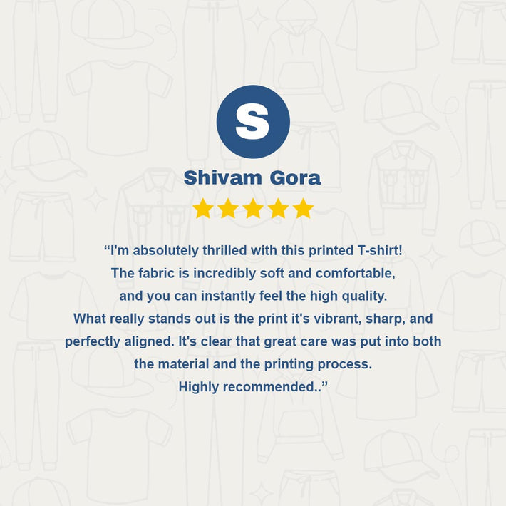 WYO Five-star review of a printed T-shirt with Shivam Gora's name and positive comments on the product.