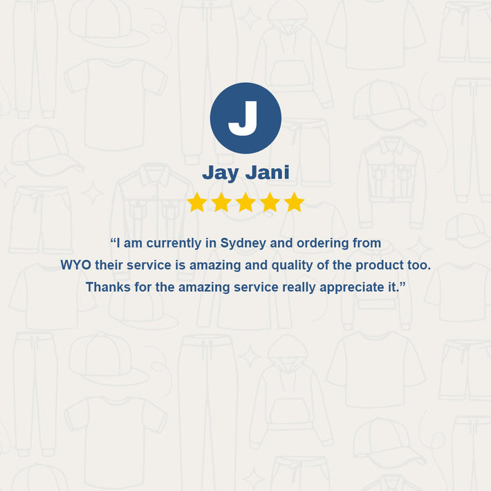 WYO Customer review of Jay Jani with a star rating and text on a white background