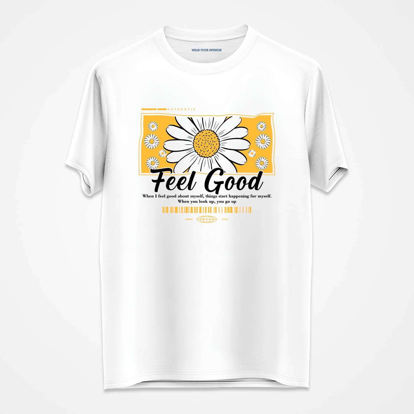 White t-shirt by WYO with a yellow daisy graphic and 'Feel Good' text on a white background