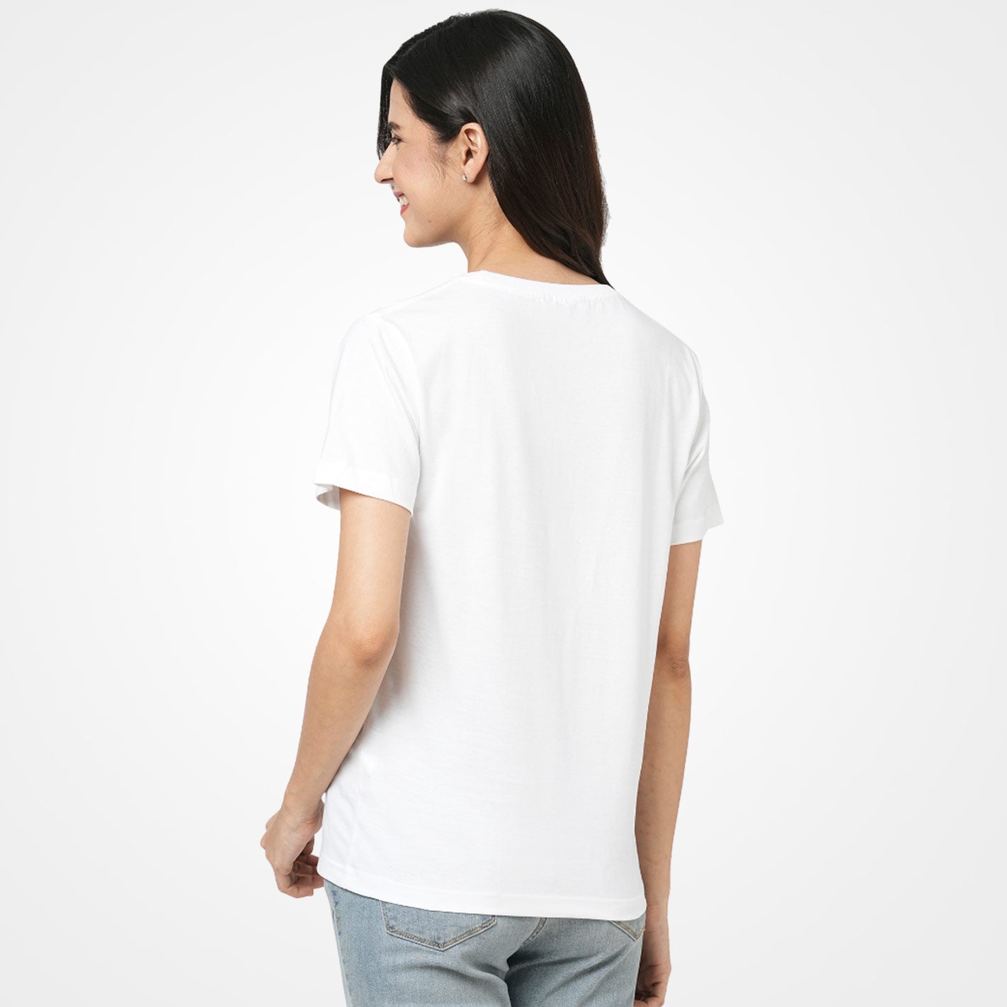 Back View Of a White t-shirt by WYO with a yellow daisy graphic and 'Feel Good' text on a white background