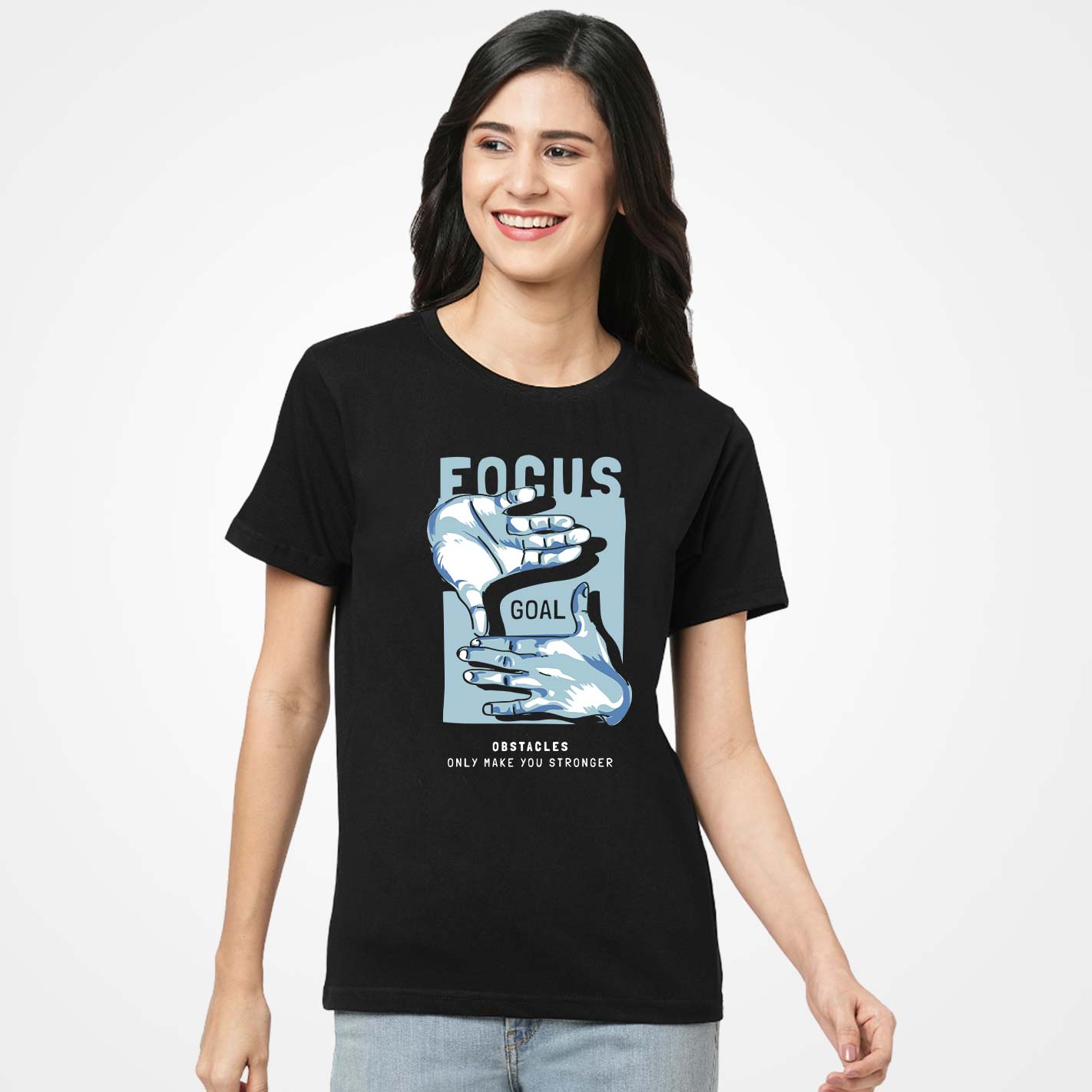Women wearing a WYO black t-shirt with a motivational graphic and text.