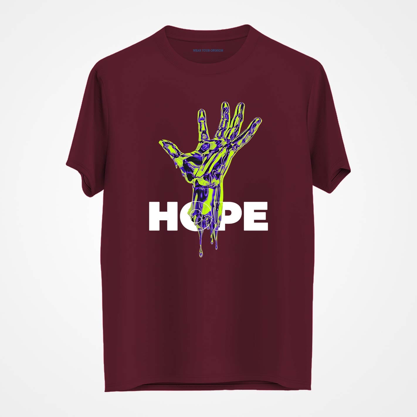 WYO Maroon t-shirt with a graphic of a hand and the word 'HOPE' on a white background