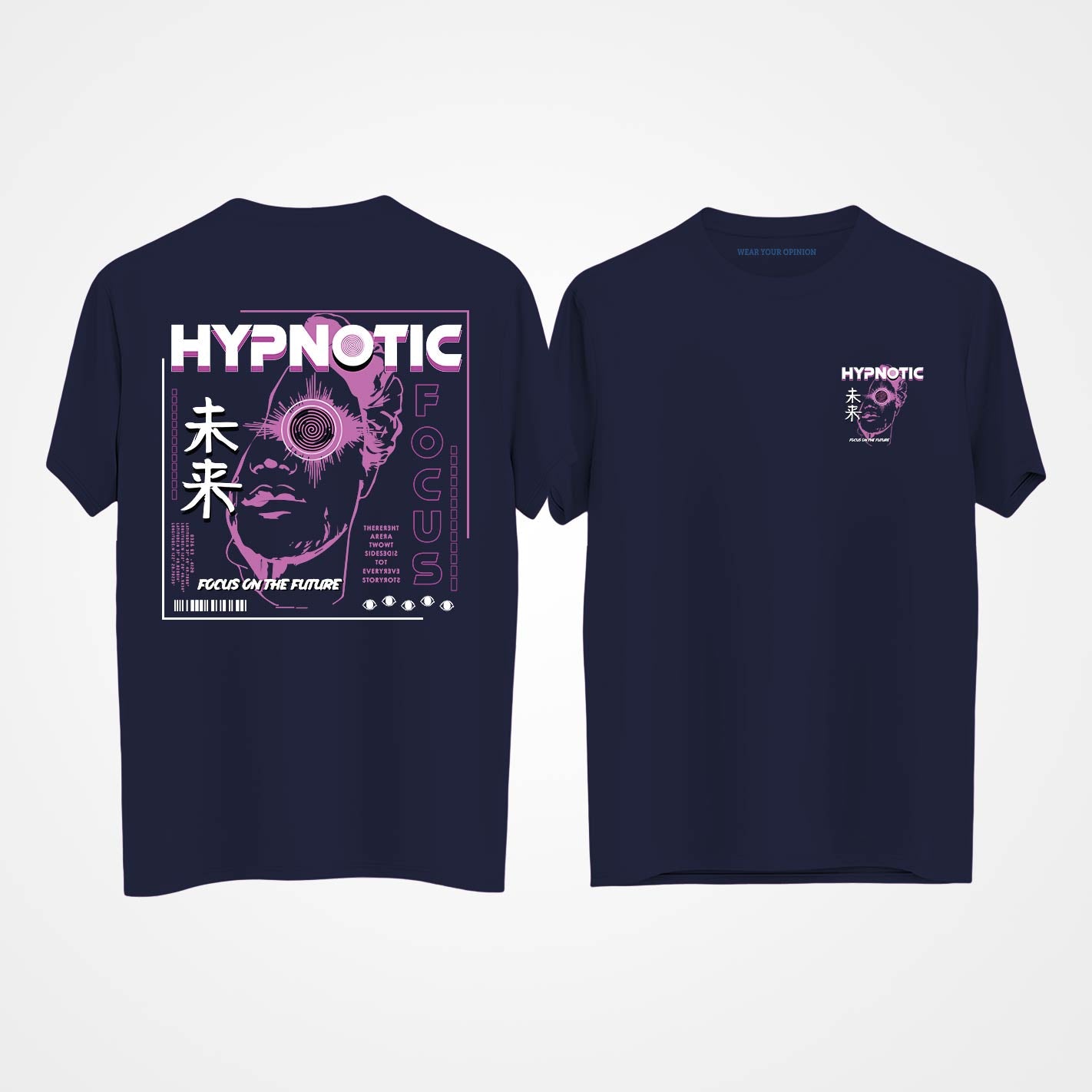 Navy blue t-shirt by WYO with 'Hypnotic' design on front and back