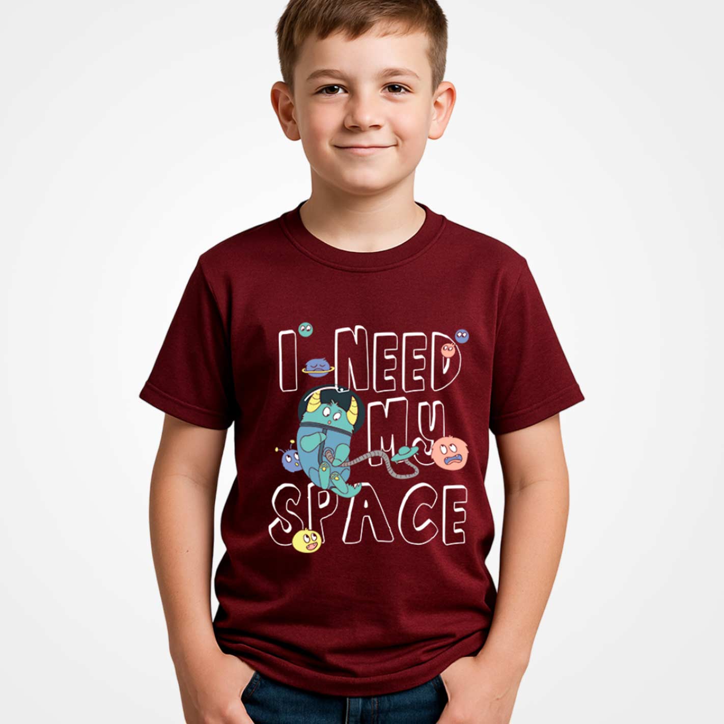 WYO Kid wearing a maroon t-shirt with 'I Need My Space' graphic on a white background