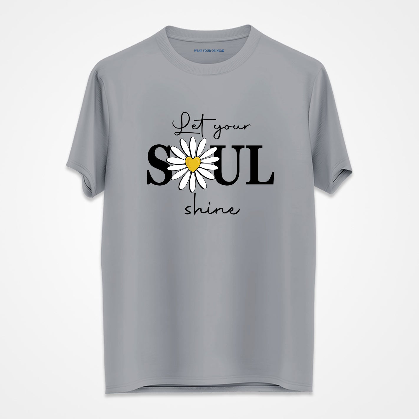 Gray t-shirt by WYO with a daisy and text design on a white background