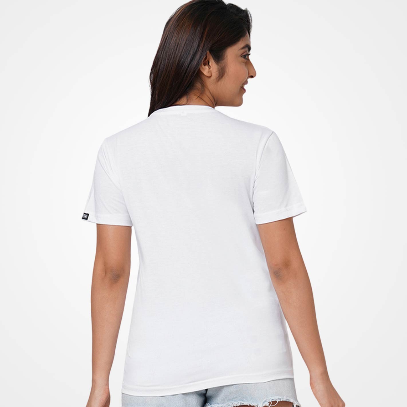 Back View of a WYO White t-shirt with colorful feather design and 'Let it be' text on a white background