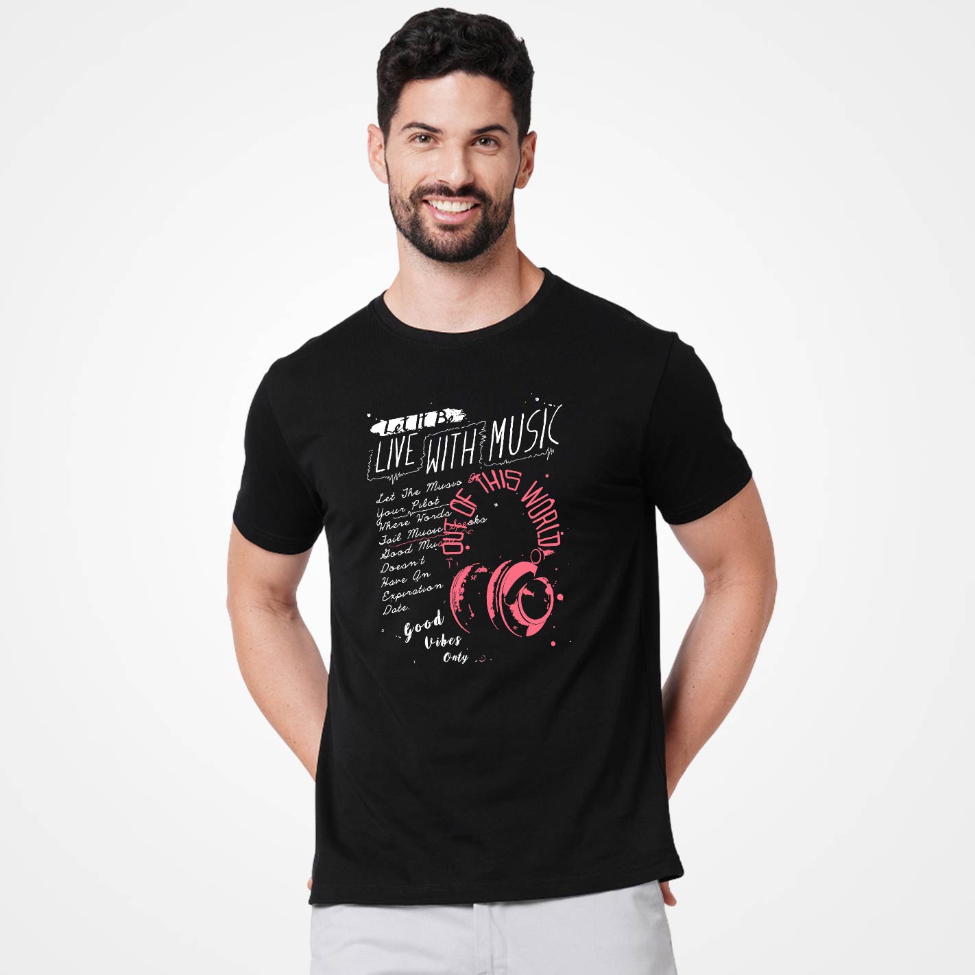 Man wearing a WYO black t-shirt with pink and white design on a white background