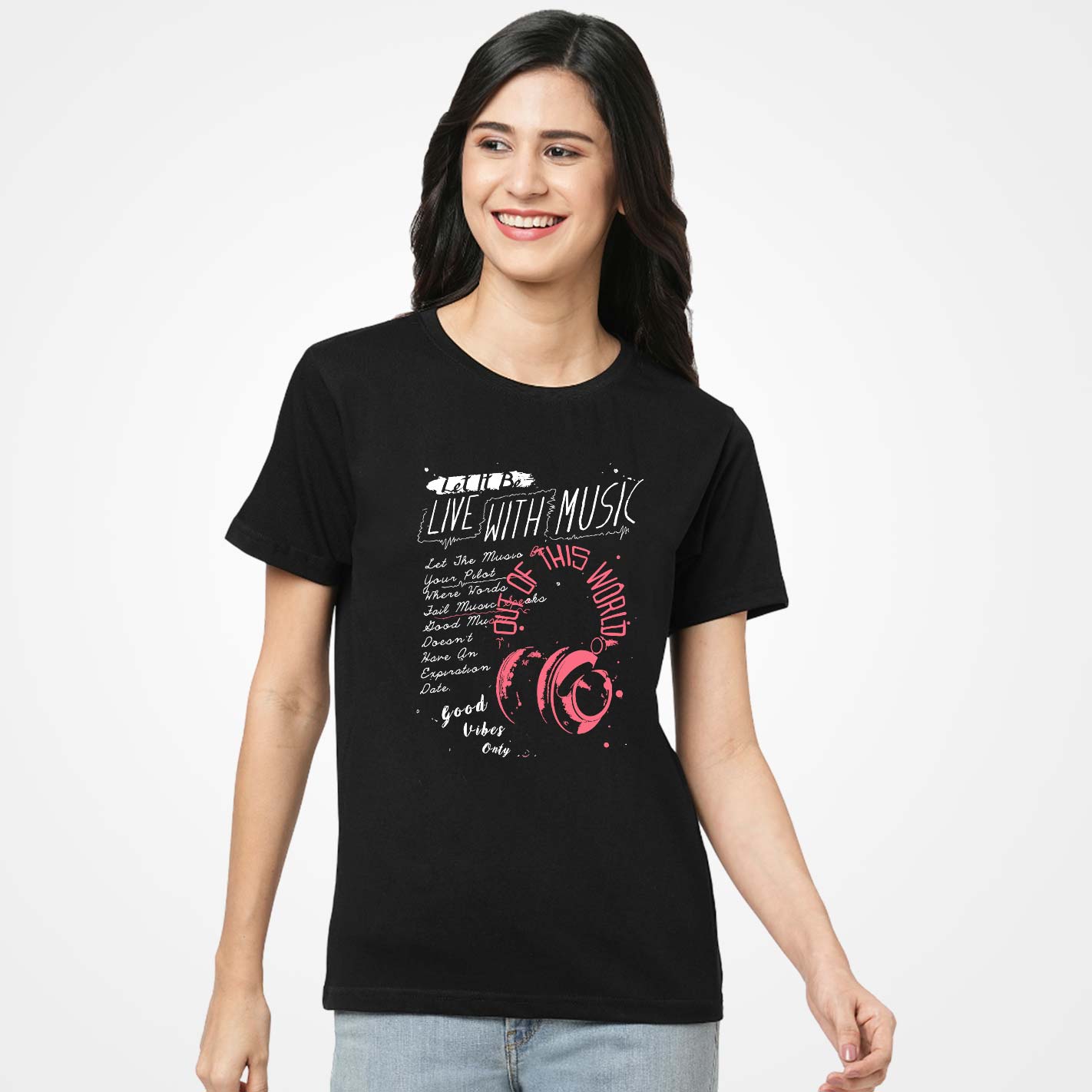 Woman wearing a WYO black t-shirt with text and graphics on a white background