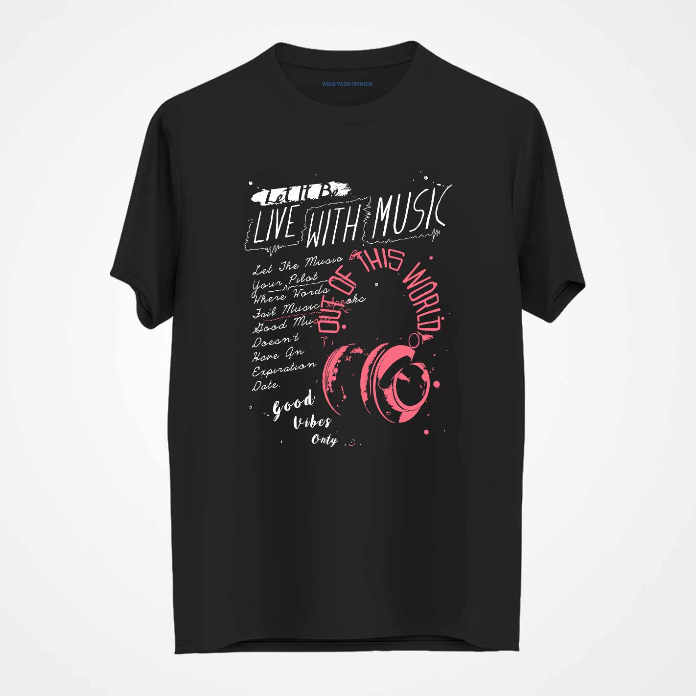 WYO Black t-shirt with white and pink text and graphics on a white background