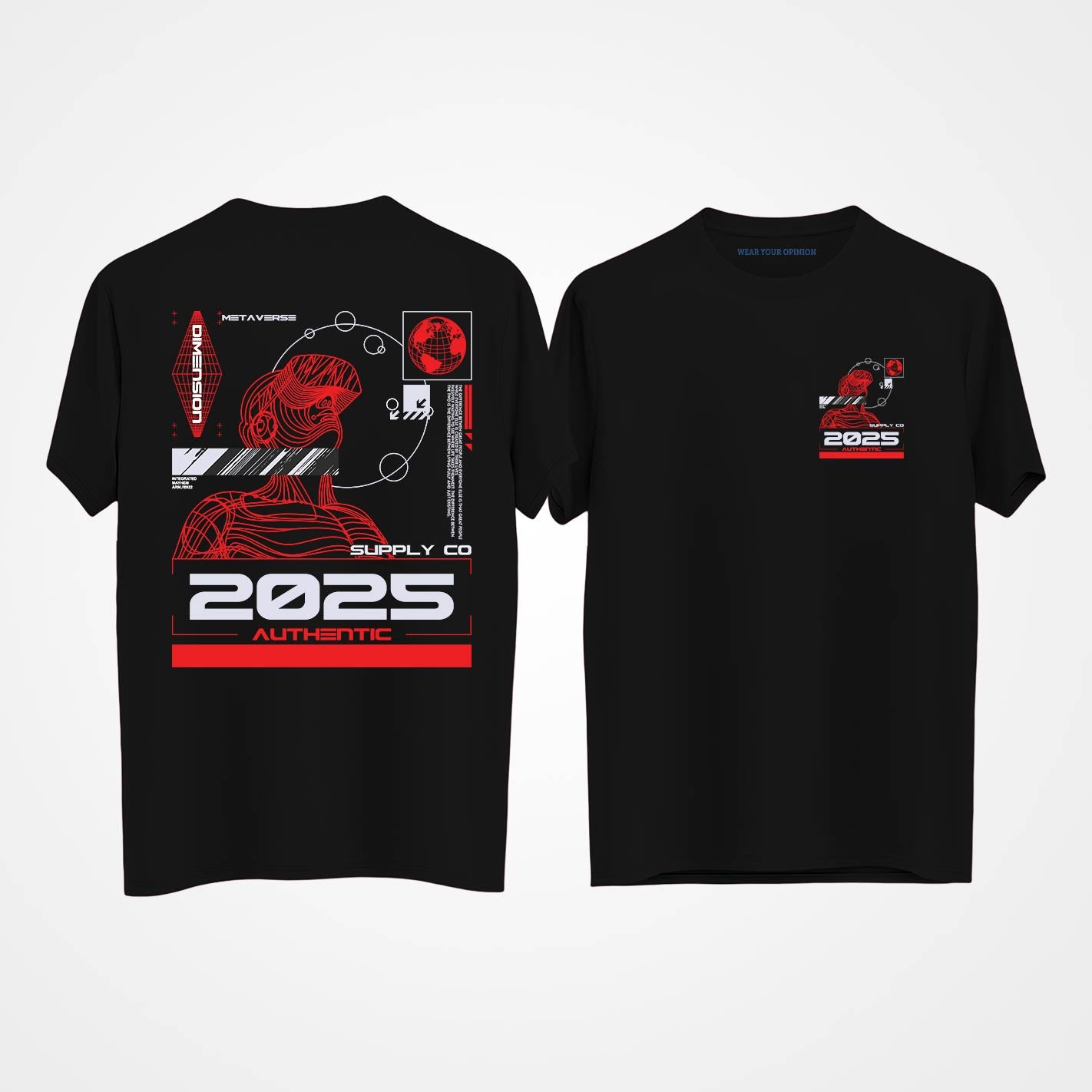 Black t-shirt by WYO with red and white graphics on a white background