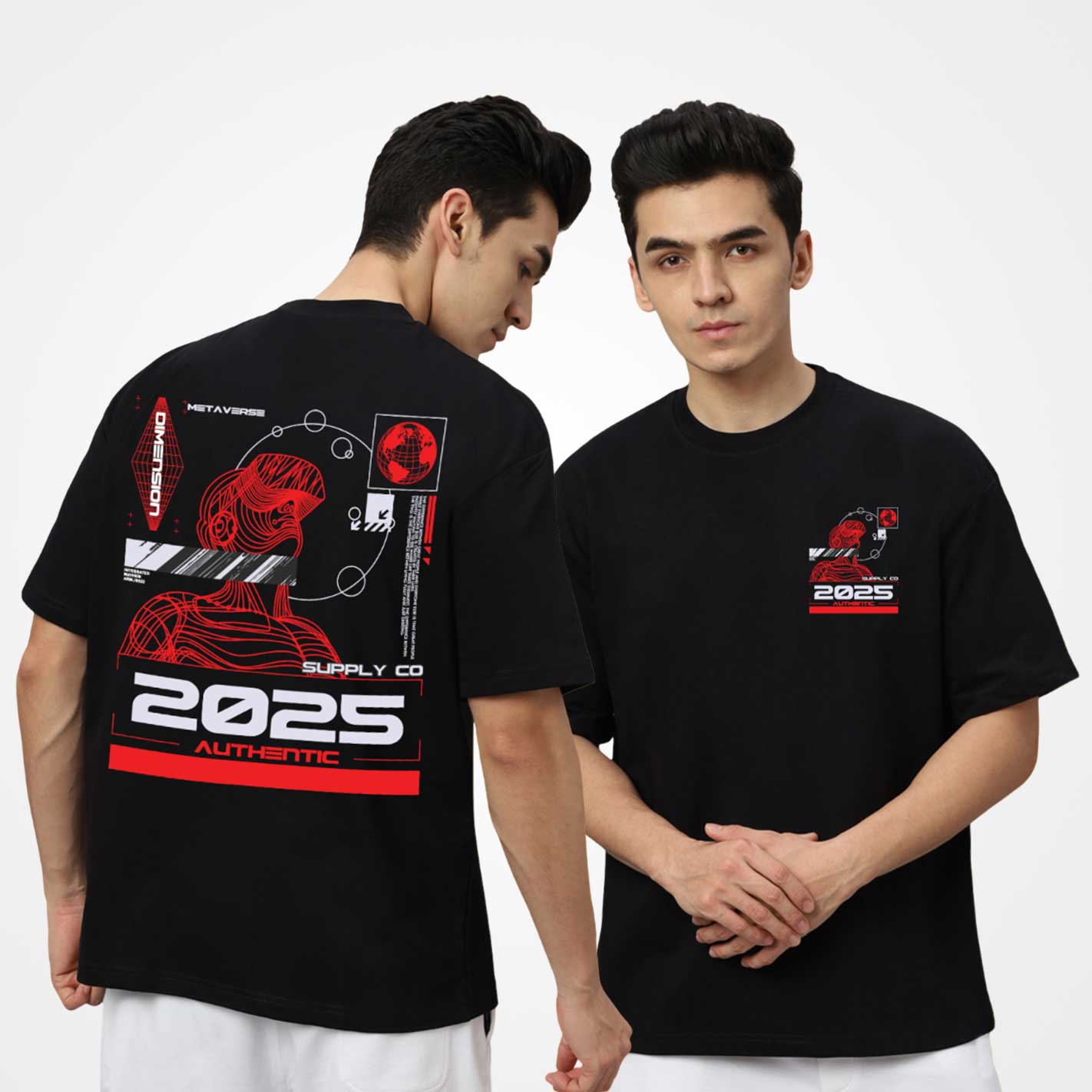 Black t-shirt by WYO with red and white graphics on a white background