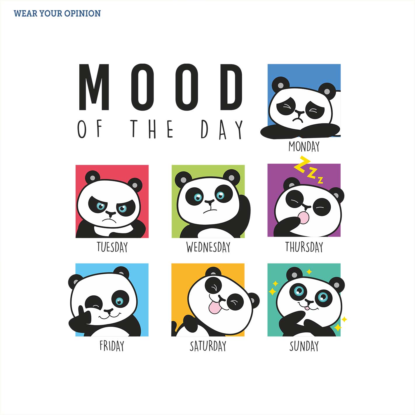 WYO Panda-themed calendar with 'Mood of the Day' design on a white background