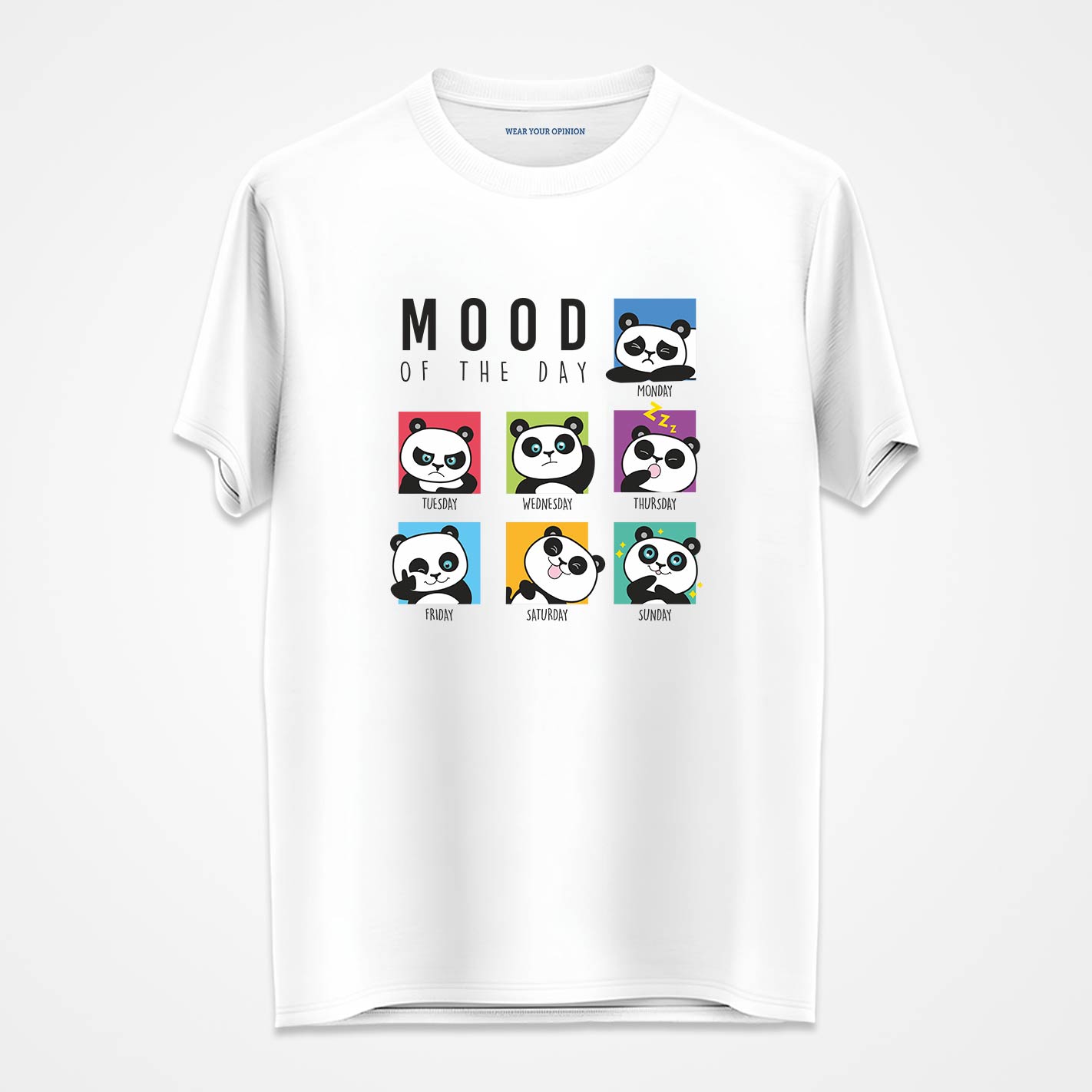 WYO White t-shirt with panda-themed design on a white background