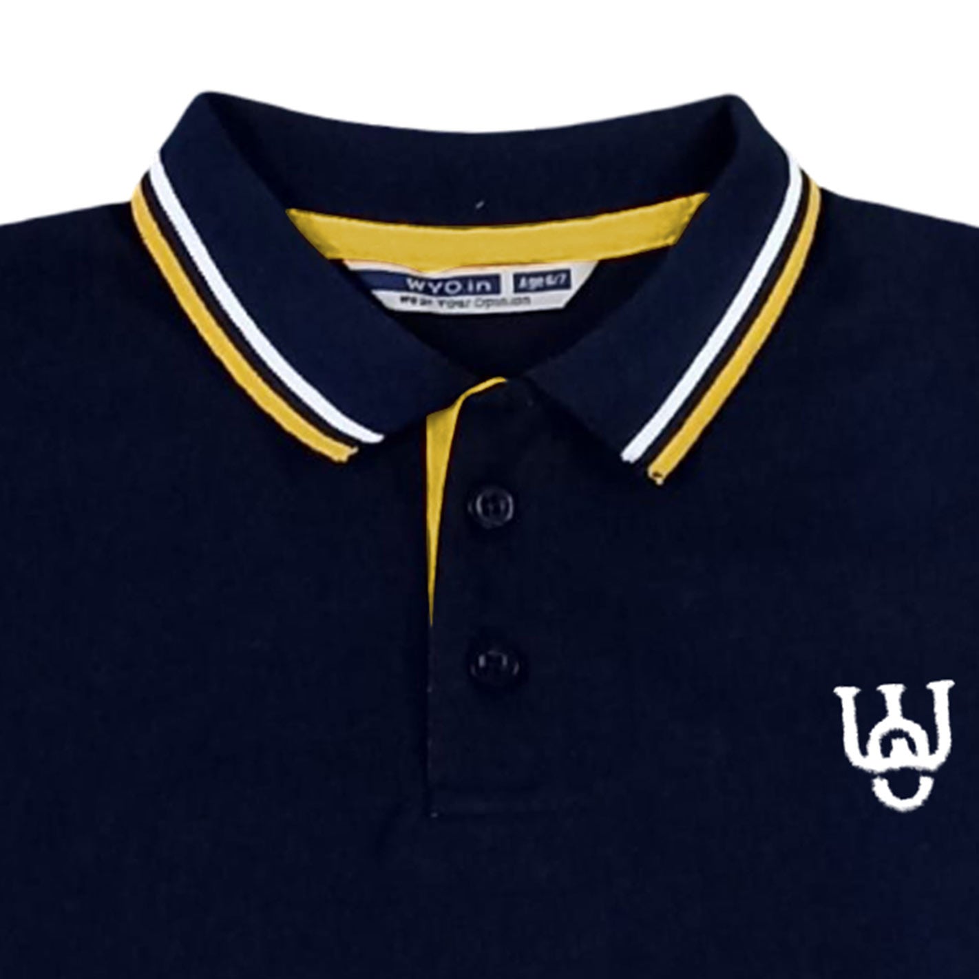 Close view of a WYO Navy blue polo shirt with yellow trim and logo on a white background