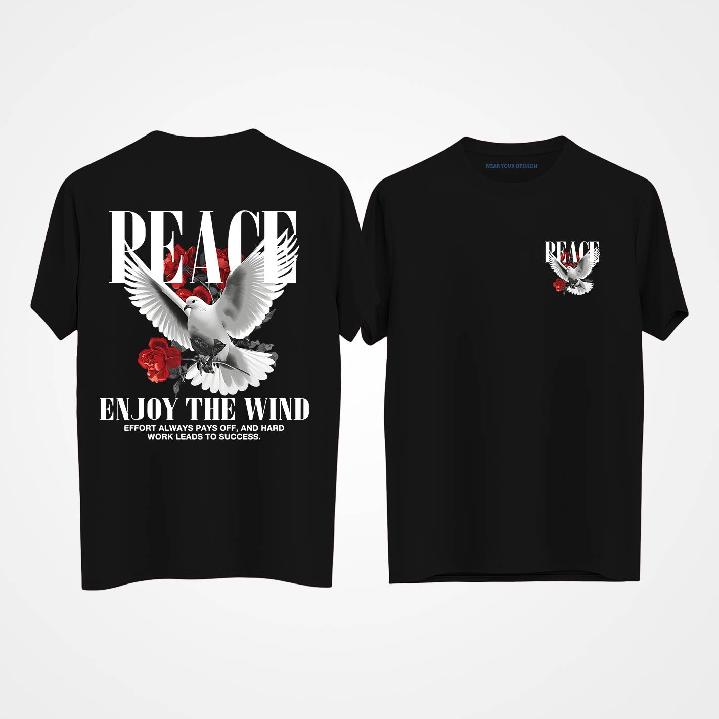 Black t-shirt by WYO with a dove and peace symbol design on a white background