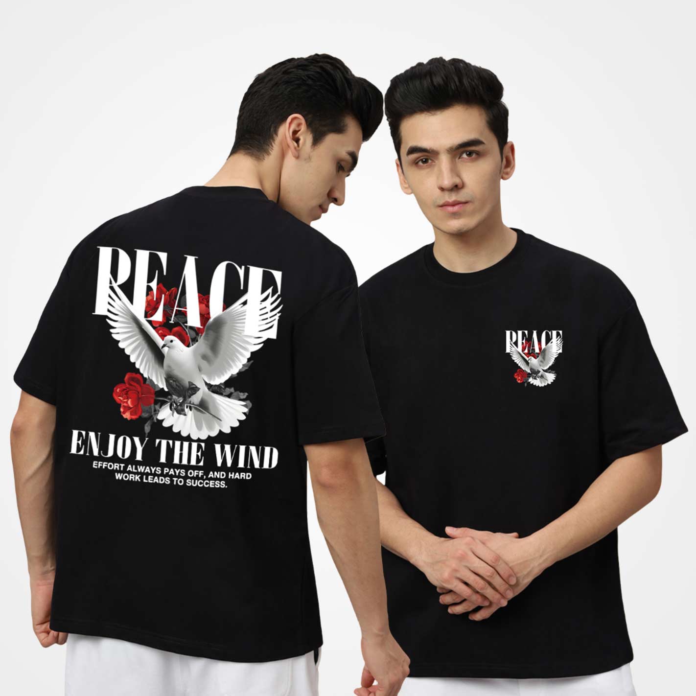 Two views of a person wearing a black t-shirt with a peace dove design and text by WYO
