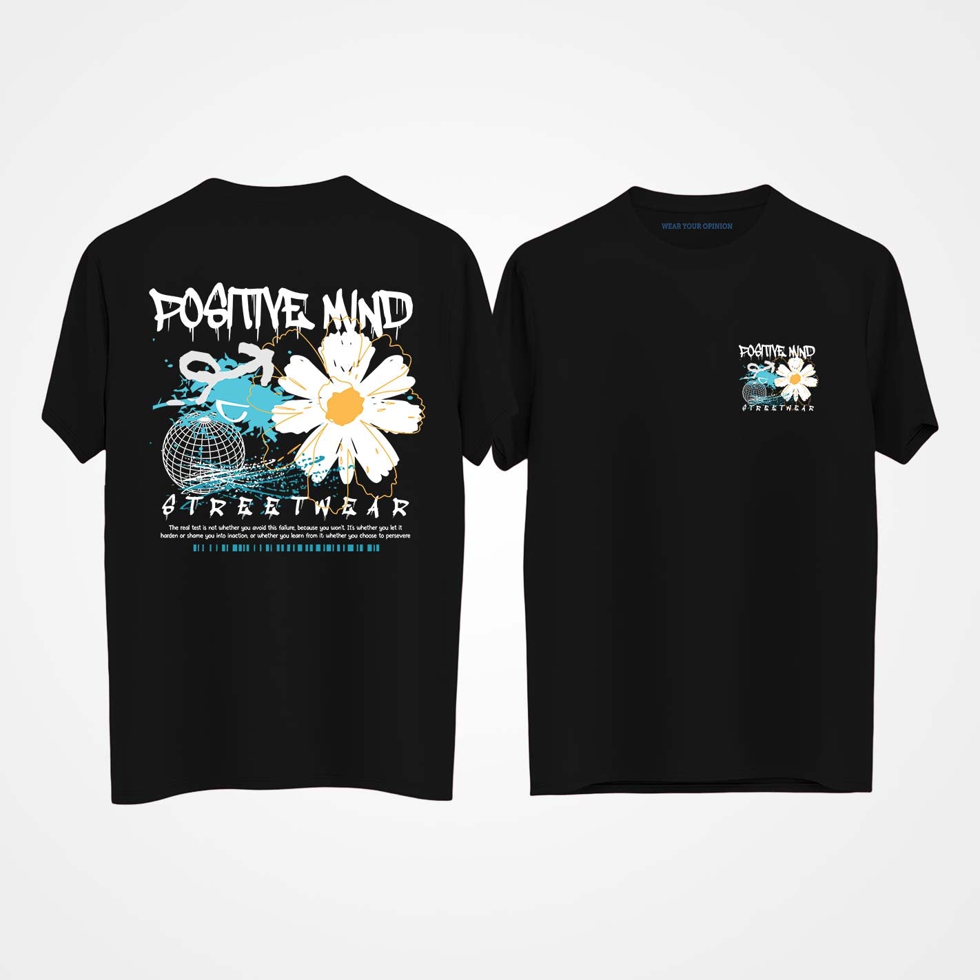 Black t-shirt by WYO with 'Positive Mind Streetwear' design on a white background