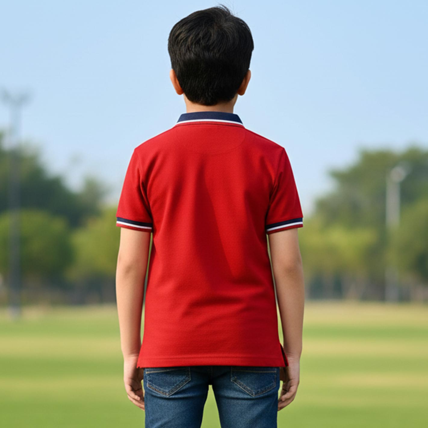 Back view of a wearing a WYO red polo shirt with a blurred outdoor background