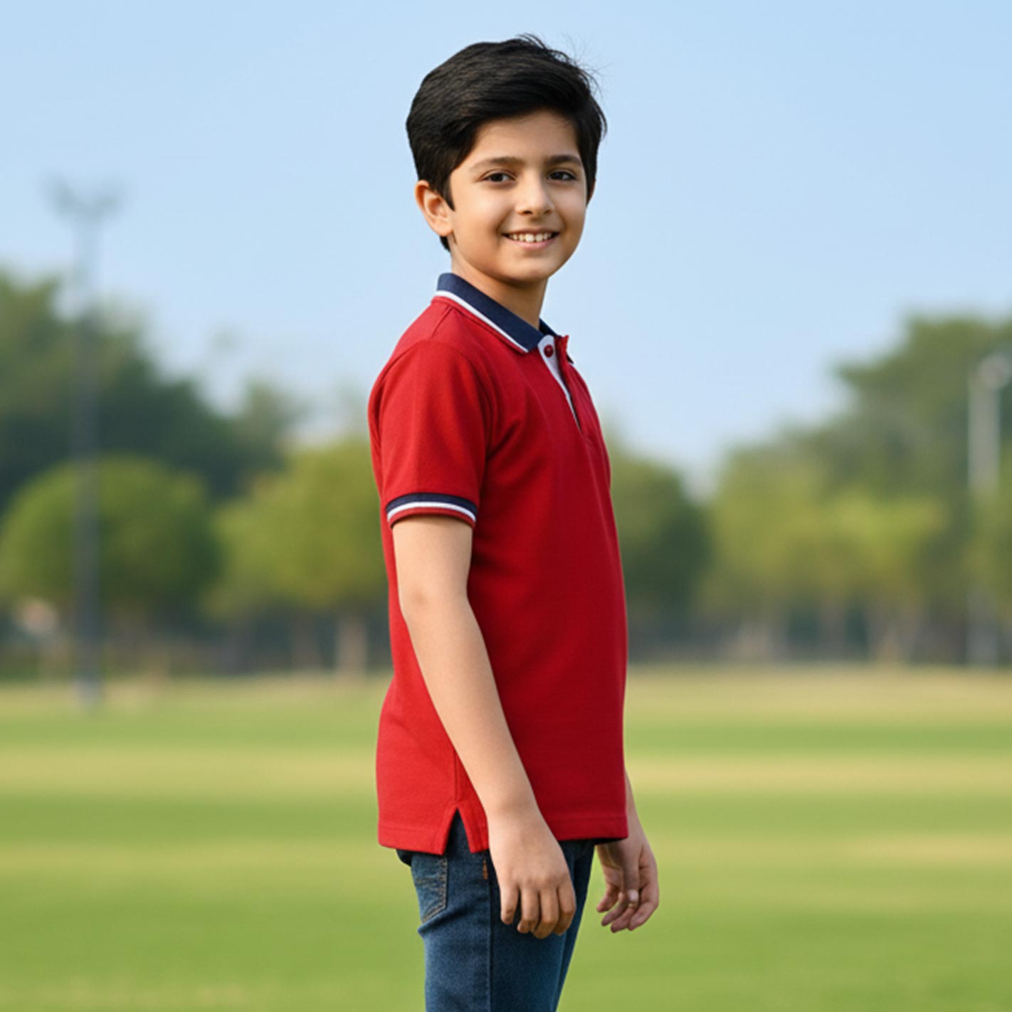Kid wearing a WYO red polo shirt standing on a grassy field with trees in the background