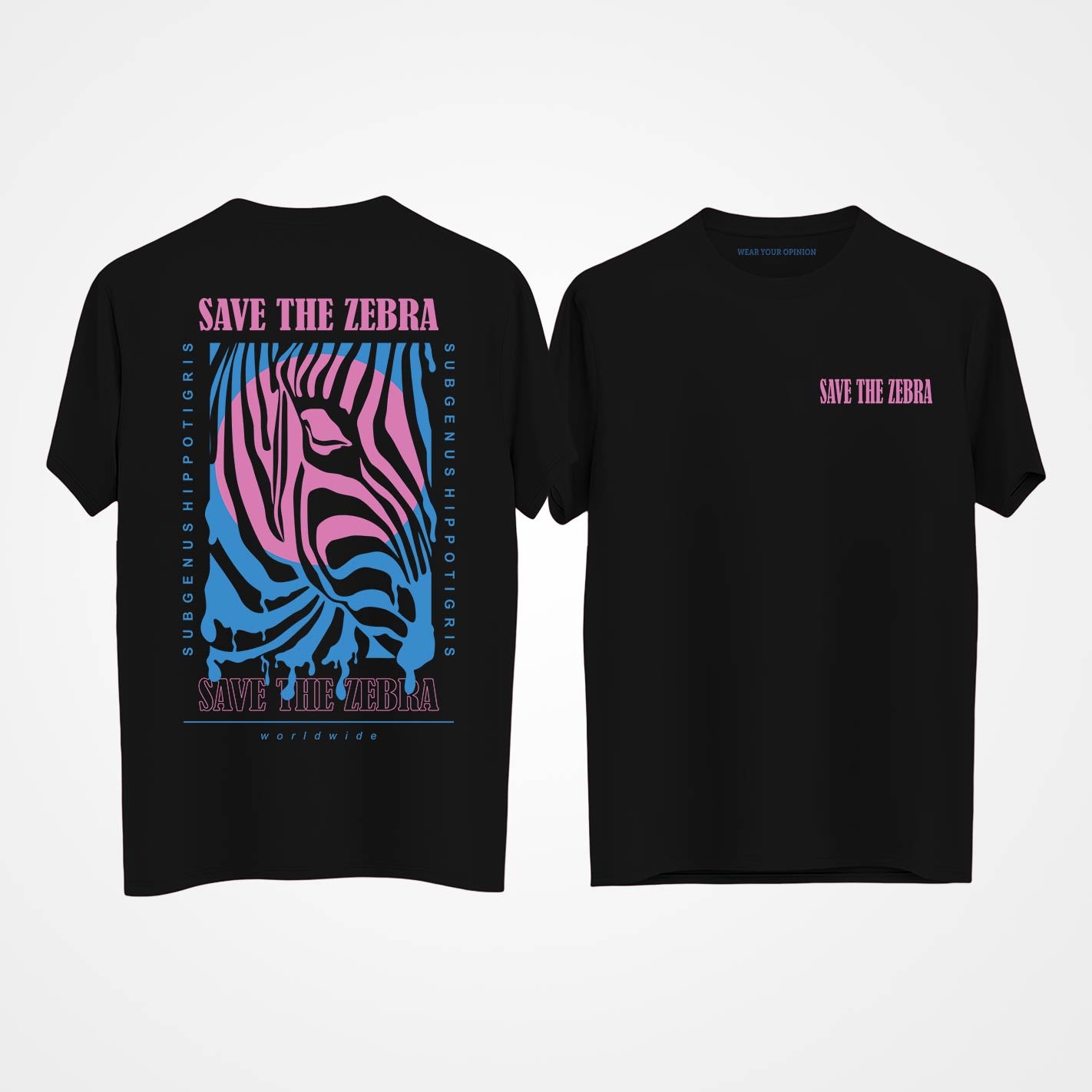Black t-shirt by WYO with zebra design and 'Save the Zebra' text on a white background