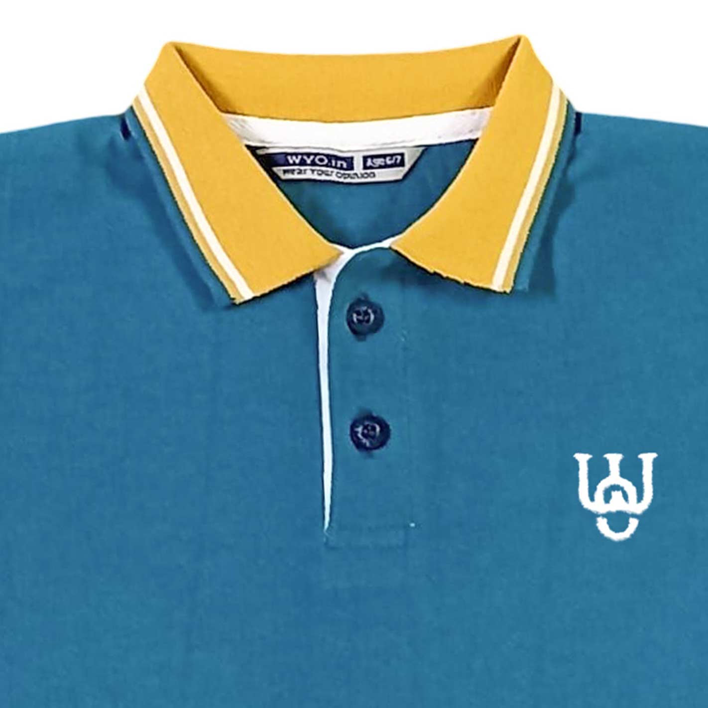 Close view of a WYO Teal blue polo shirt with yellow collar and white logo on a white background