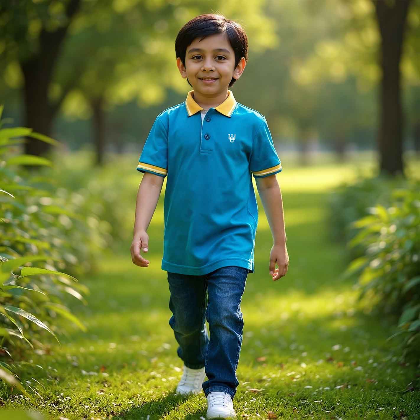 Kid in a WYO Teal blue polo shirt walking in a park