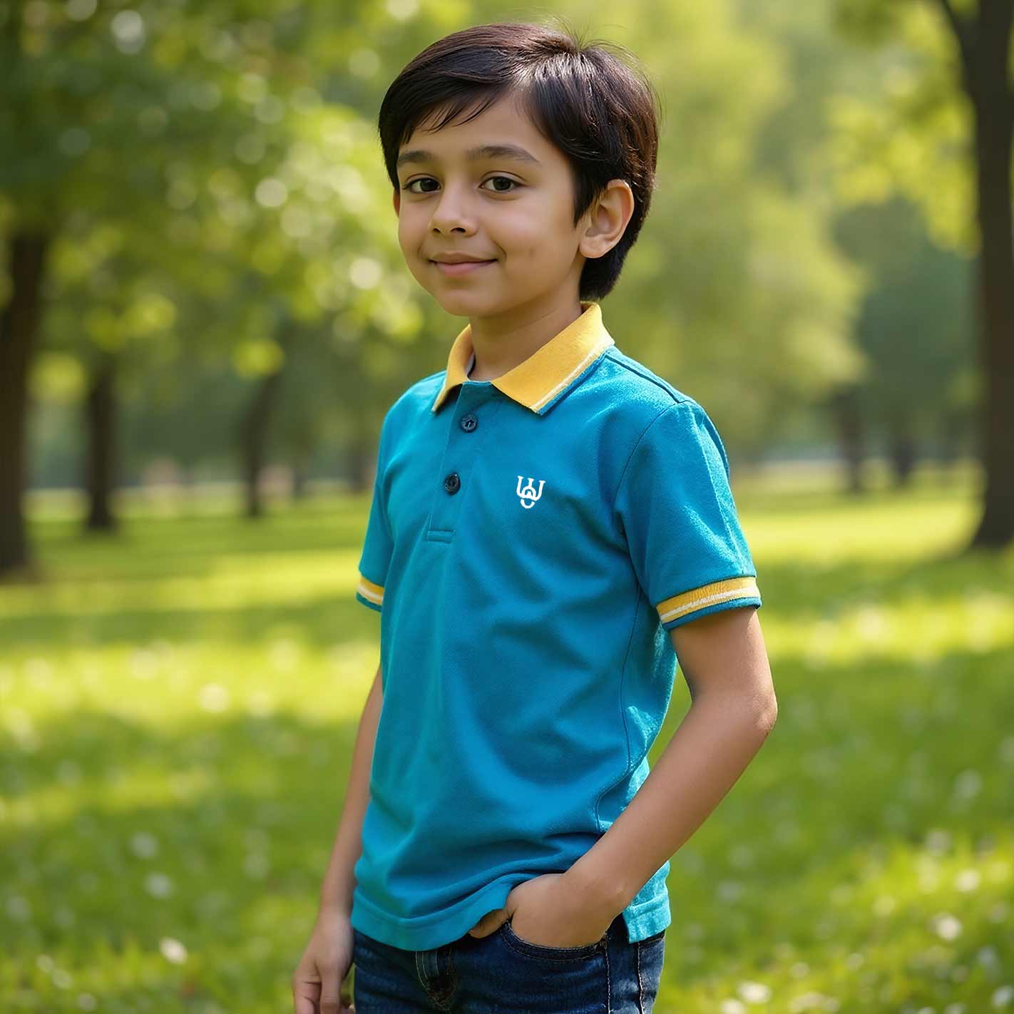 Kid wearing a WYO Teal blue polo shirt with yellow accents in a park setting