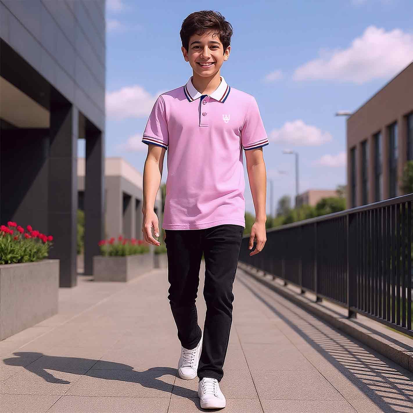 Kid in a WYO pink polo shirt walking outdoors on a sunny day.