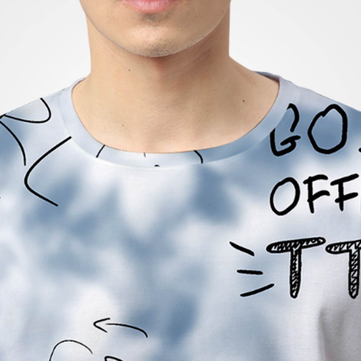 Close view of a Man wearing a WYO light blue t-shirt with black text and graphics.