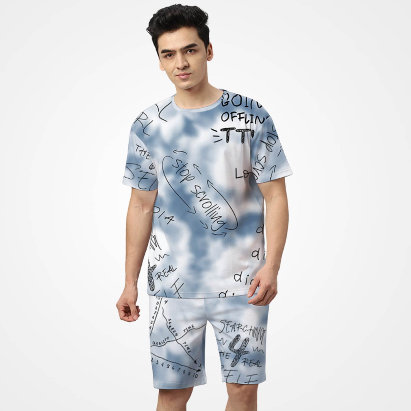 Man wearing a WYO tie-dye outfit with text on a white background