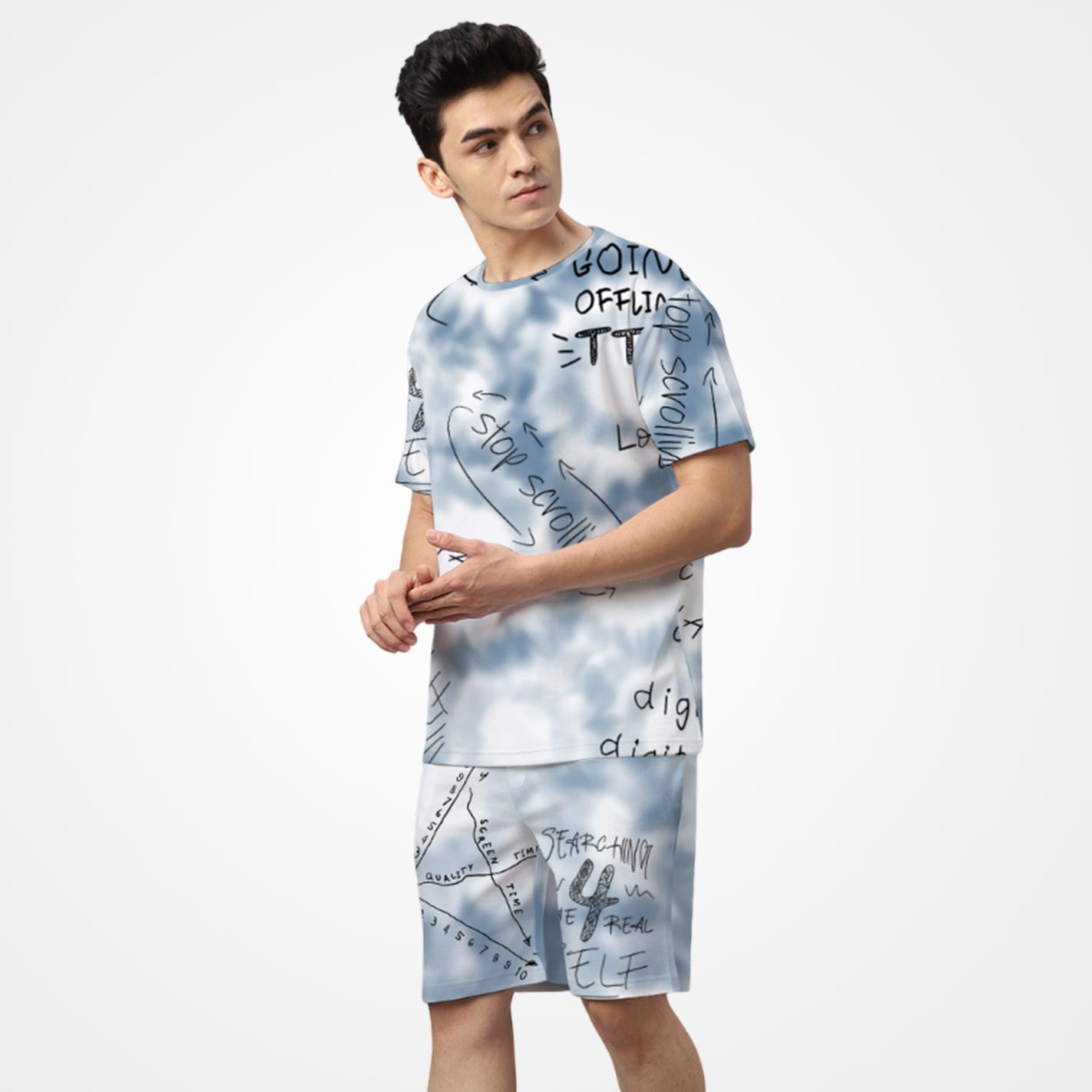 Man wearing a WYO tie-dye t-shirt with text and graphics on a white background