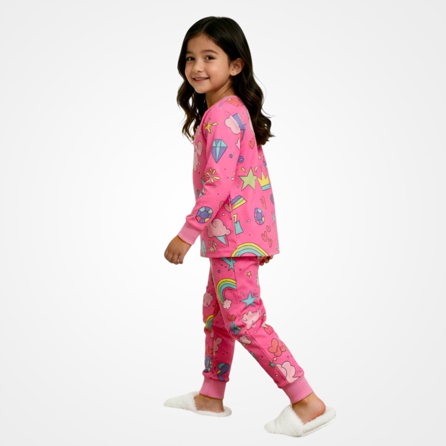Side view of a Kid wearing a WYO pink pajamas with colorful designs on a white background