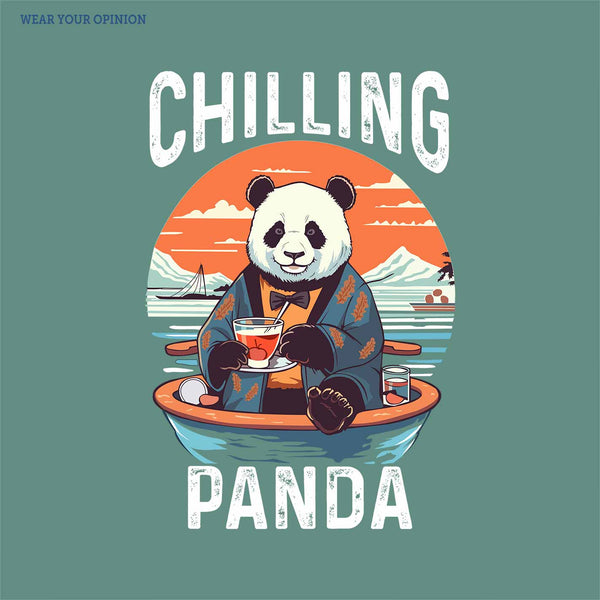 Panda sitting by a lake with a drink, surrounded by nature, with 'Chilling Panda' text on a teal background by WYO