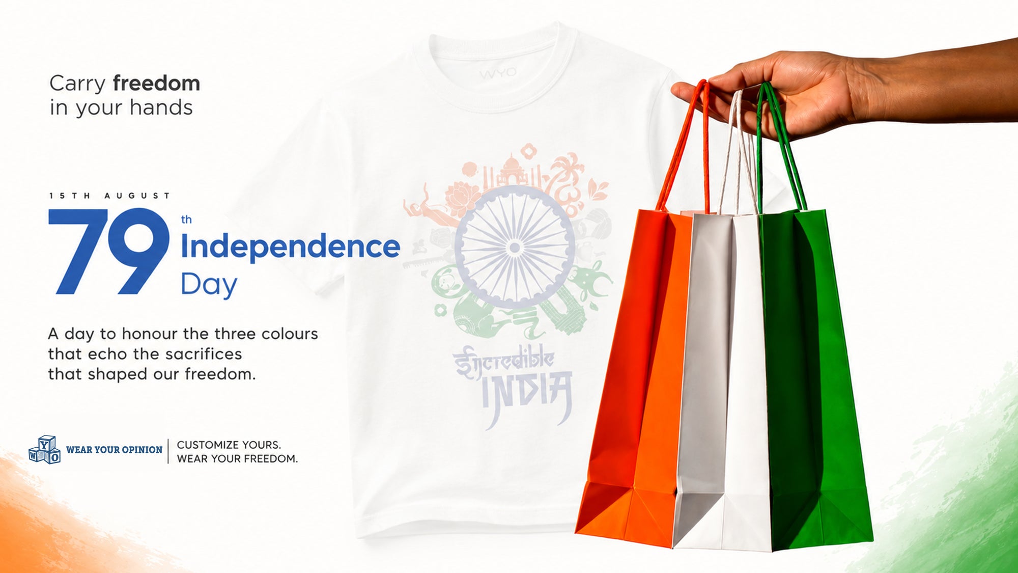 WYO homepage banner for 79th Independence Day: white 'Incredible India' graphic t-shirt with tricolor gift bags