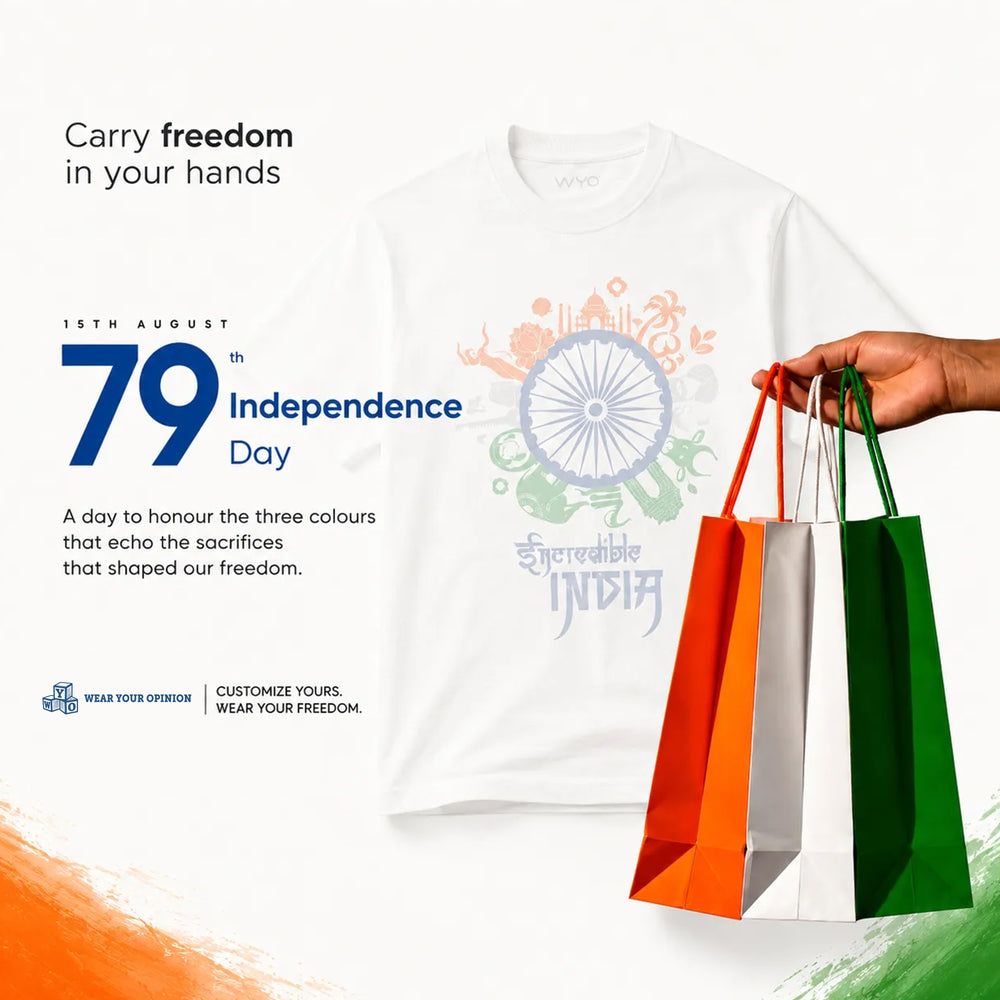 WYO homepage banner for 79th Independence Day: white 'Incredible India' graphic t-shirt with tricolor gift bags