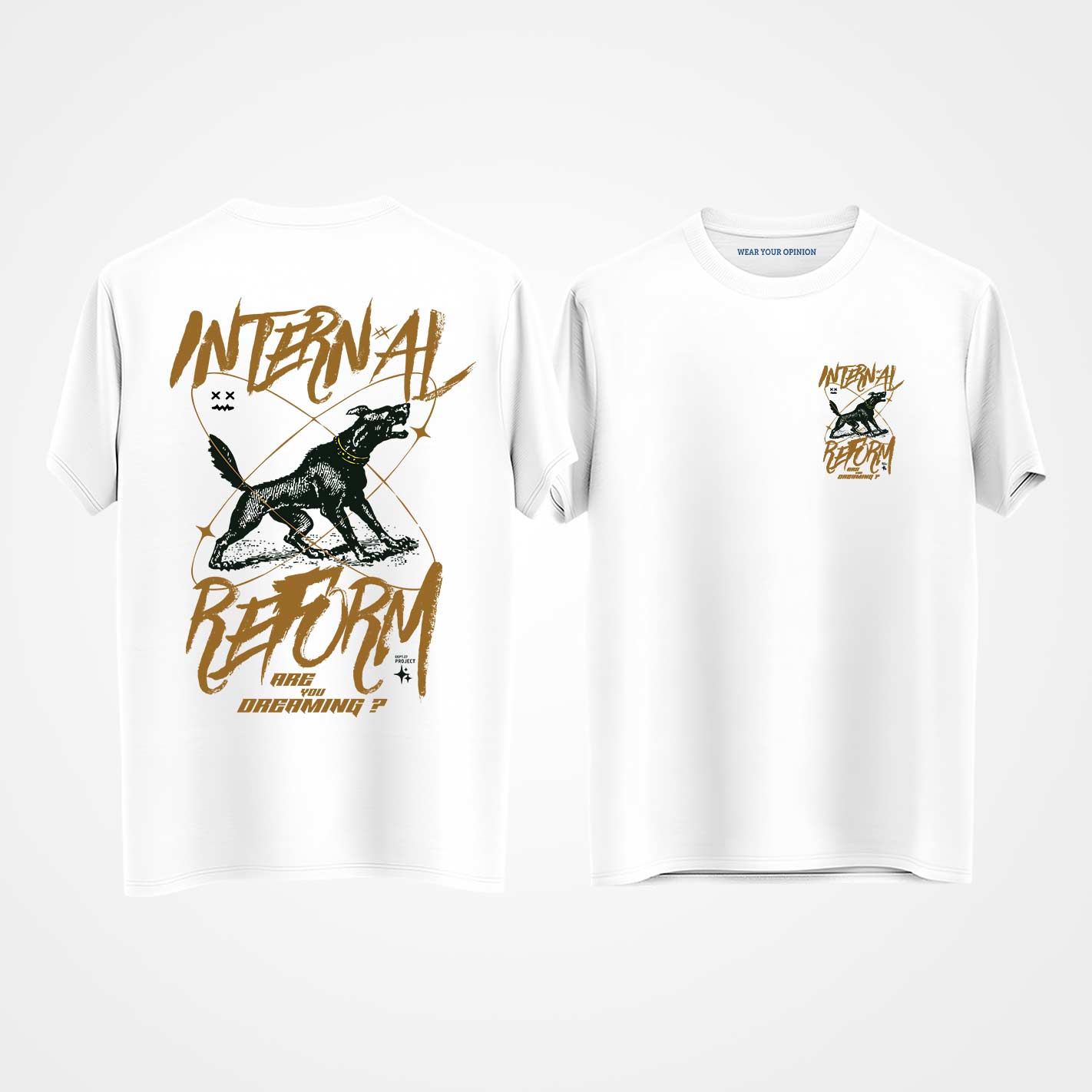 WYO White t-shirt with graphic design and text on a white background