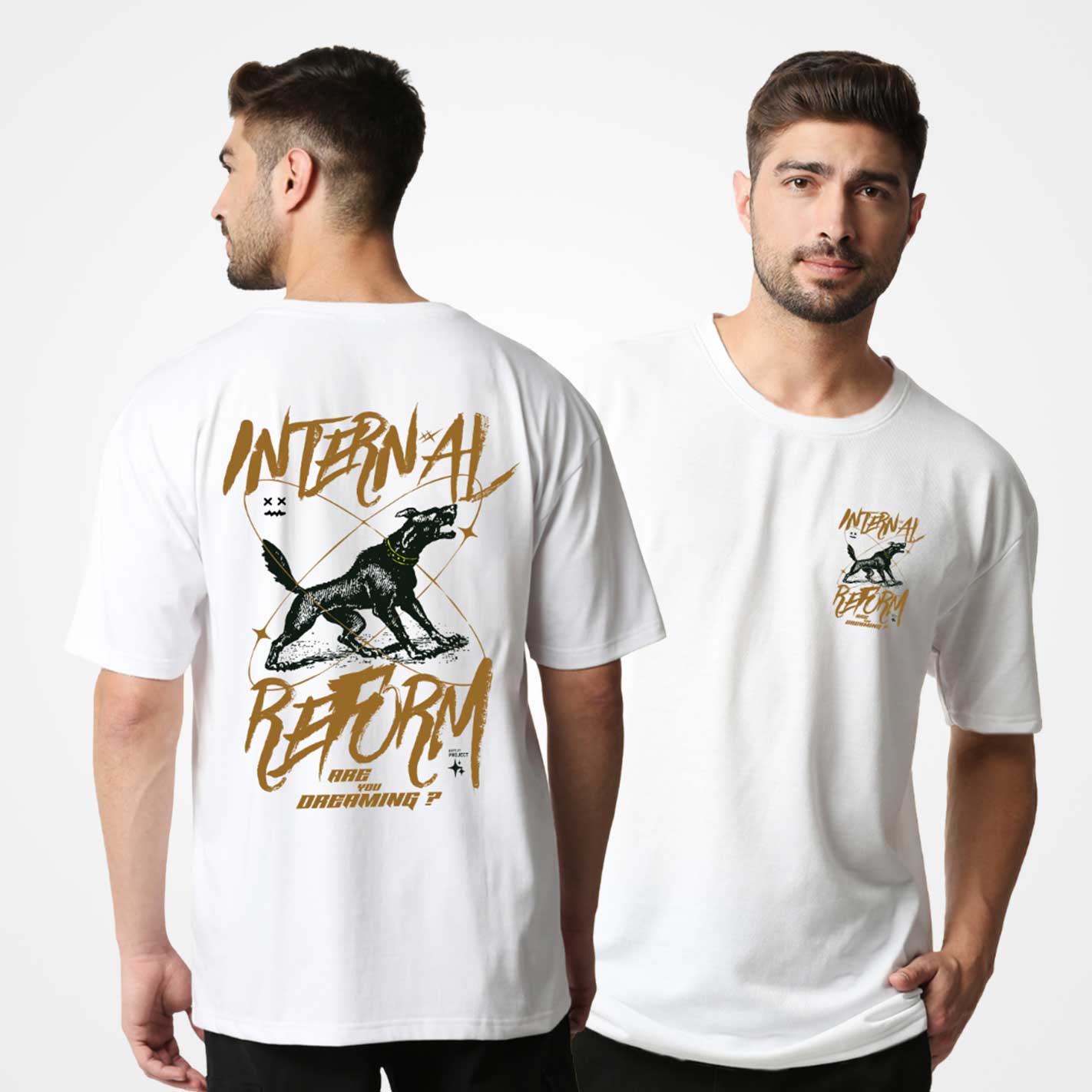 WYO White t-shirt with graphic design on front and back worn by a man