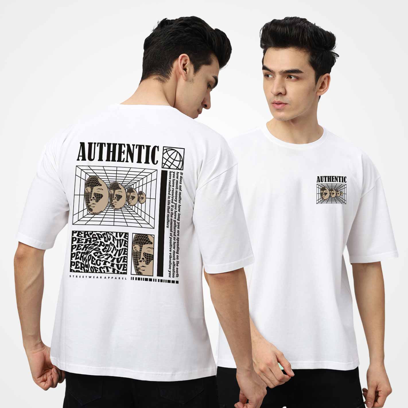 WYO White t-shirt with graphic design on front and back worn by a model, on a white background